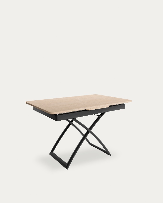 Table Llanes relevable convertible avec finition en mélamine alpin et structure métallique noire 120/150 x 75 cm