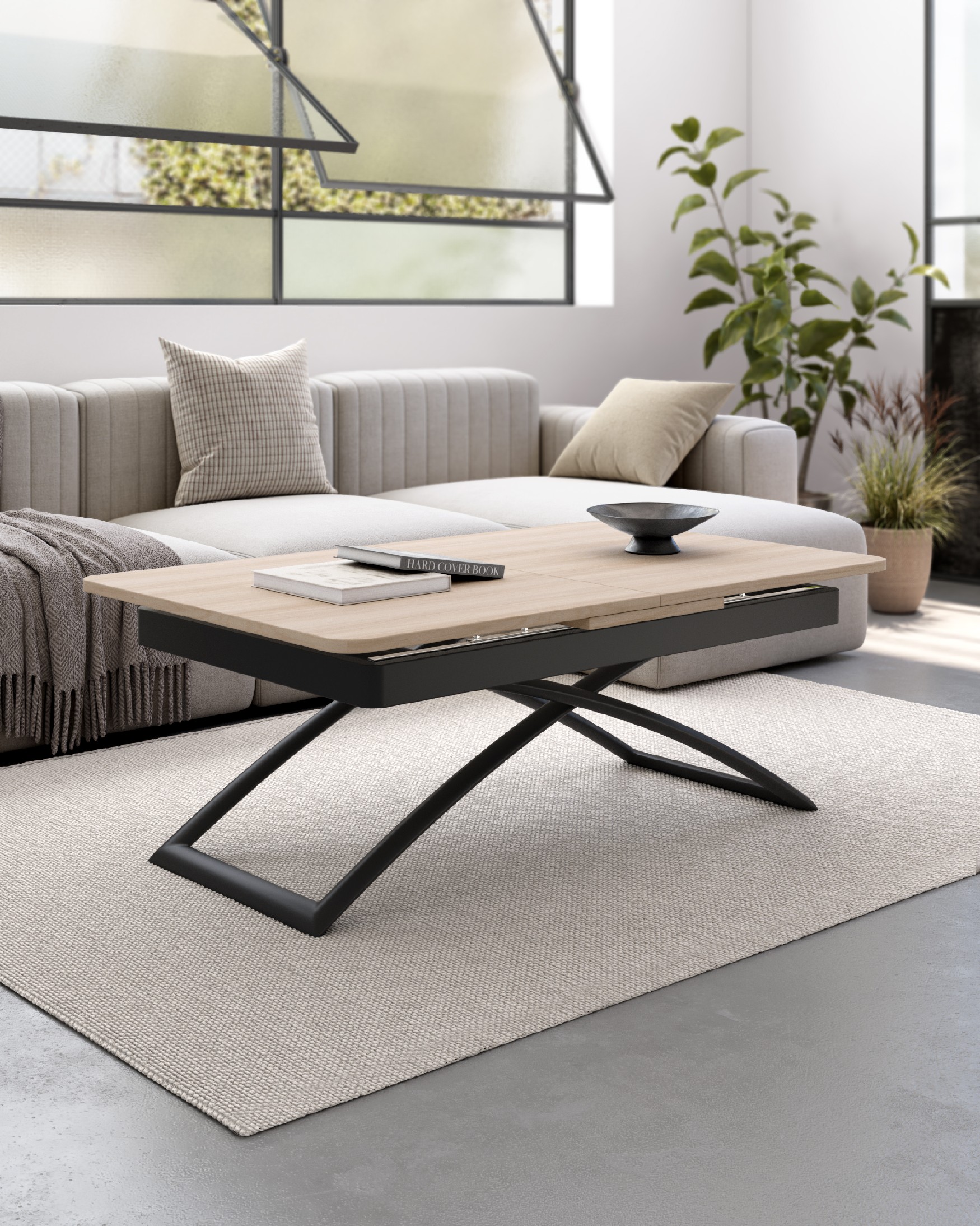 Table Llanes relevable convertible avec finition en mélamine orme et structure métallique noire 120/150 x 75 cm