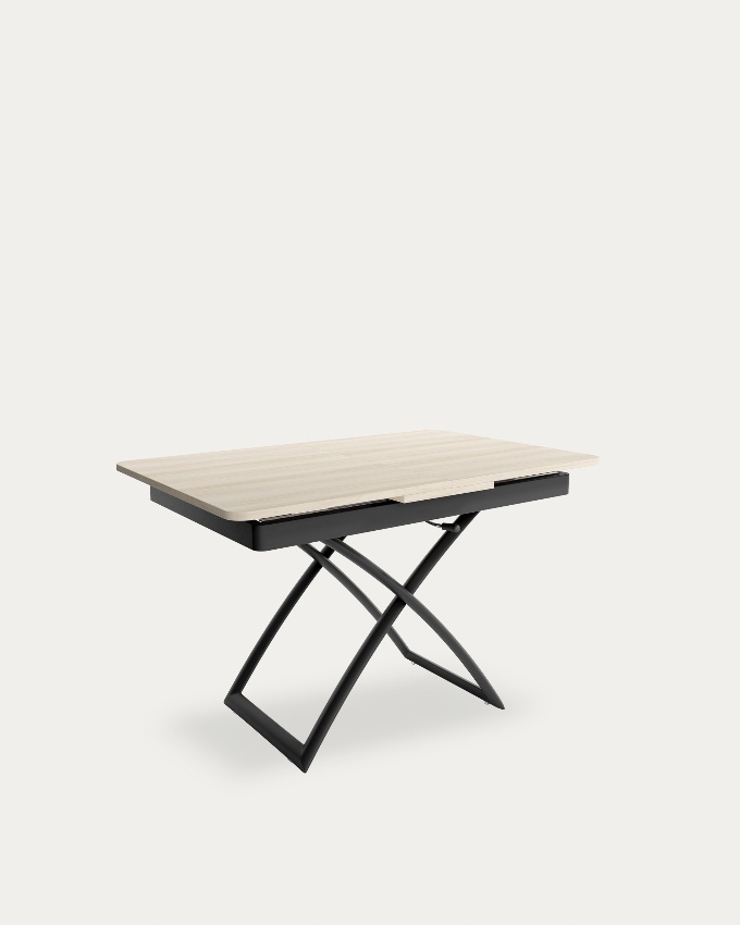 Table Llanes relevable convertible avec finition en mélamine orme et structure métallique noire 120/150 x 75 cm