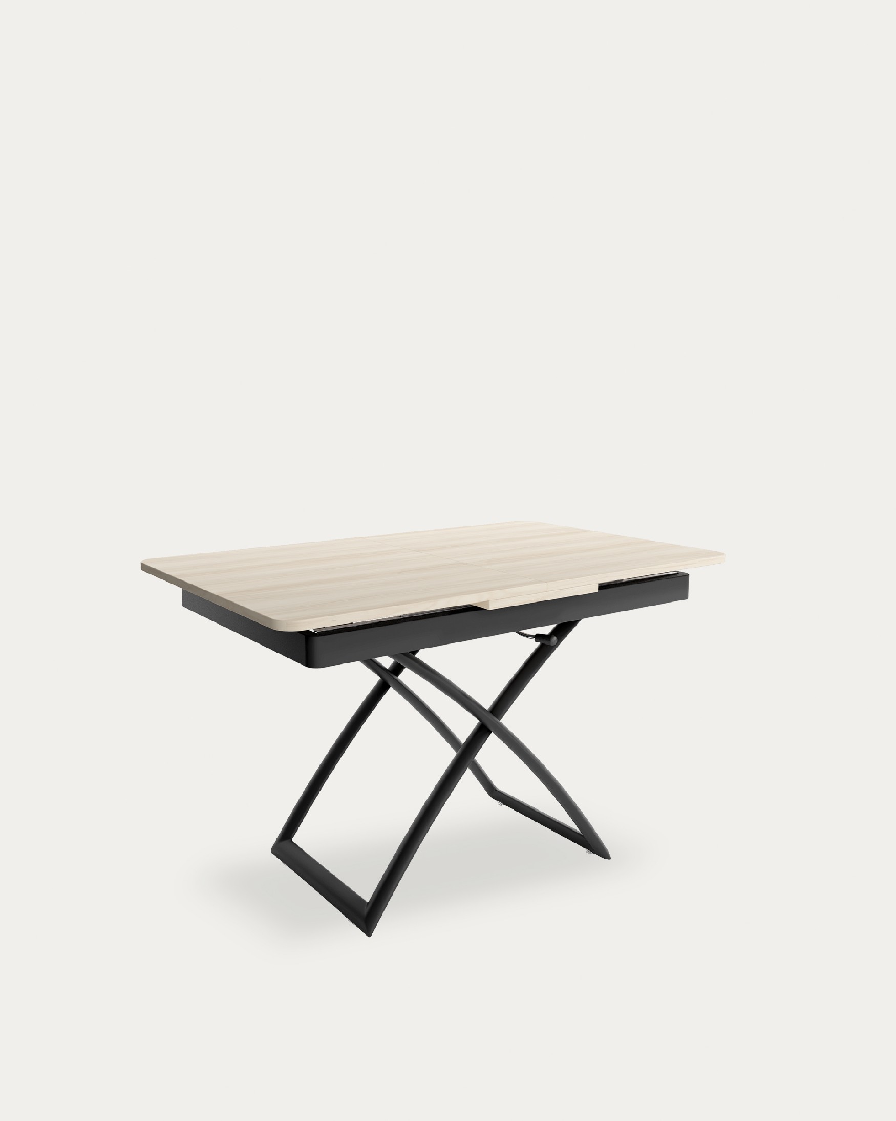 Table Llanes relevable convertible avec finition en mélamine orme et structure métallique noire 120/150 x 75 cm