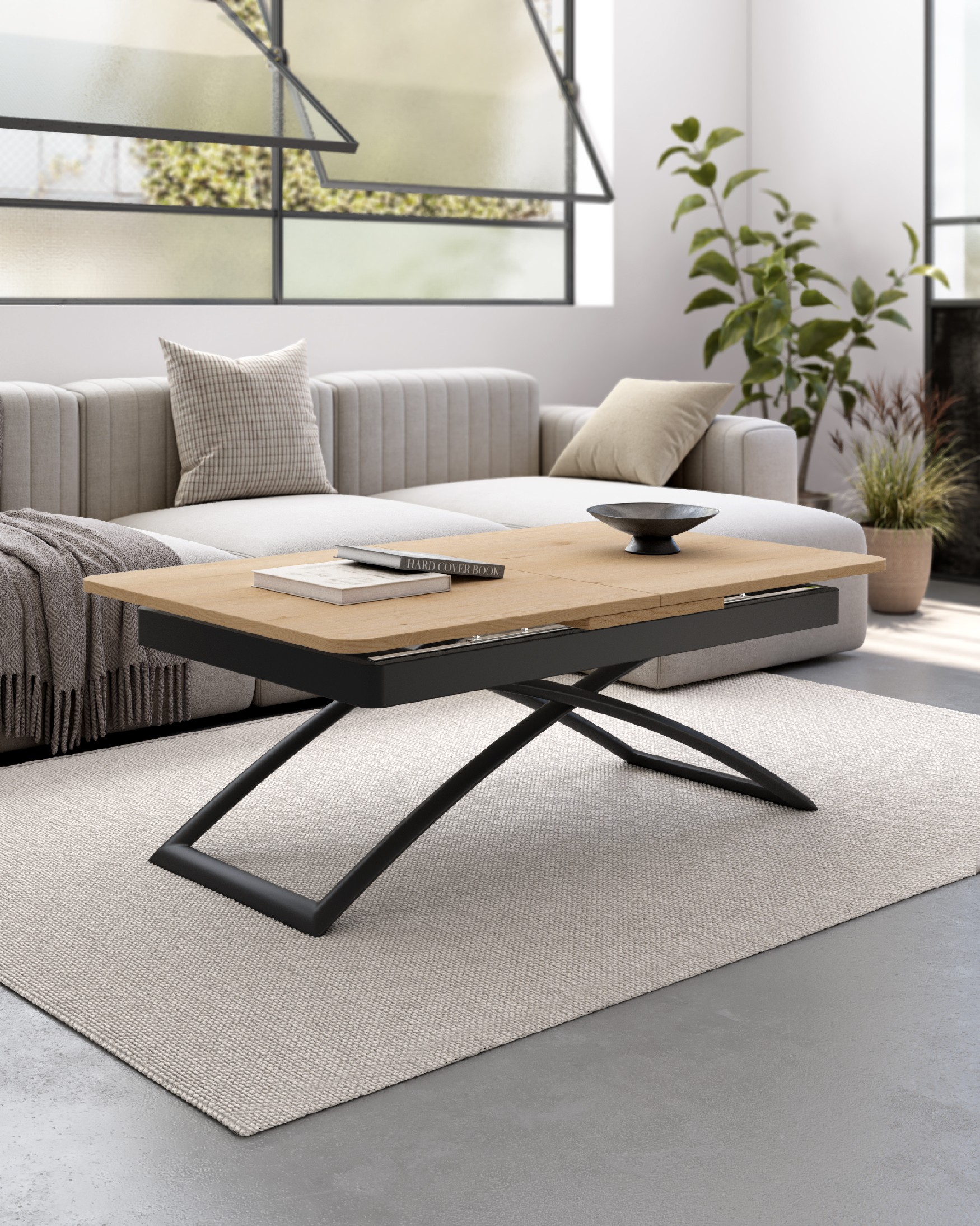 Table Llanes liftable convertible with colonial oak melamine finish and black metal structure 120/150 x 75 cm
