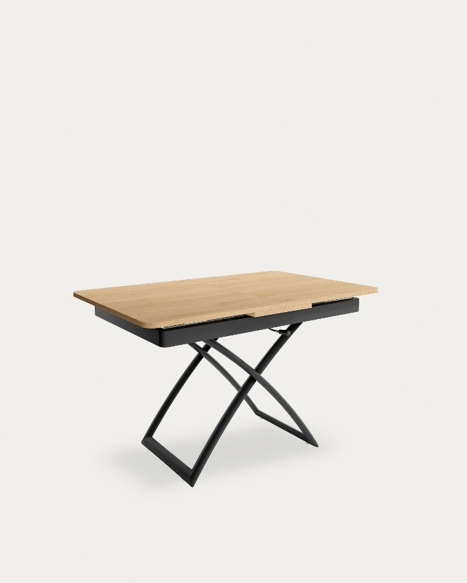 Table Llanes relevable convertible avec finition en mélamine chêne colonial et structure métallique noire 120/150 x 75 cm