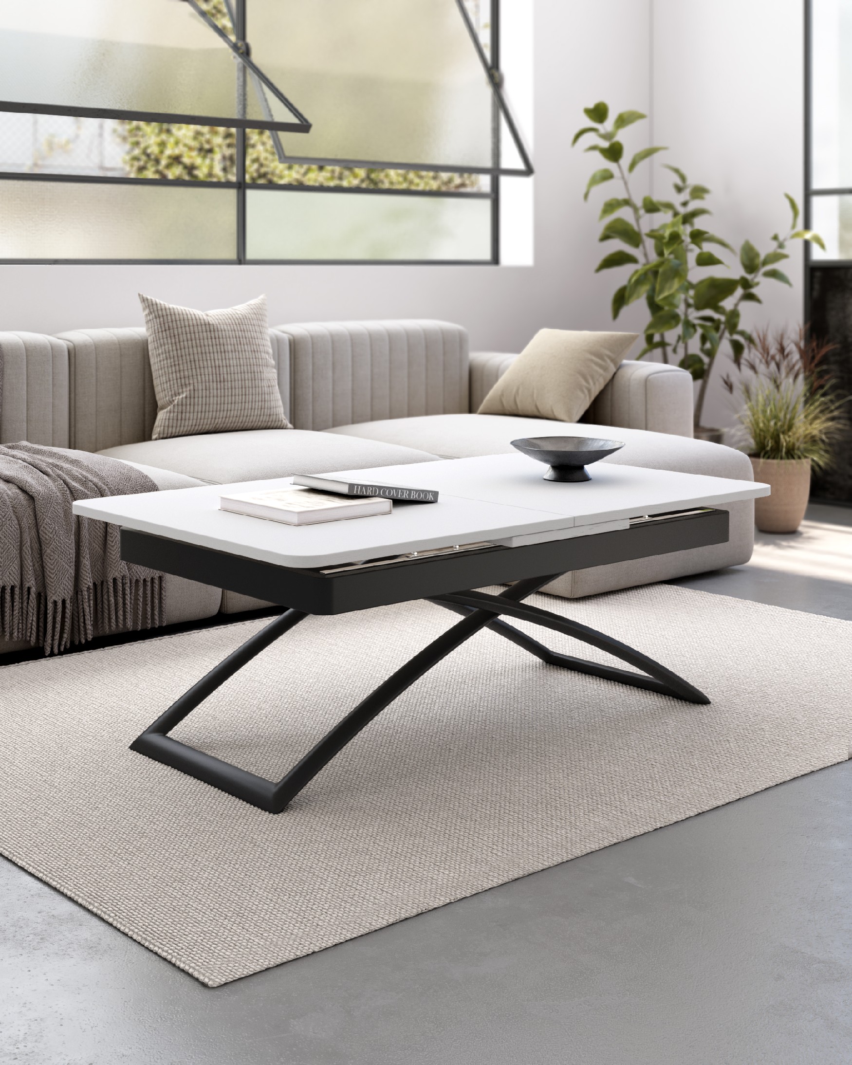 Table Llanes liftable convertible with white soul melamine finish and black metal structure 120/150 x 75 cm