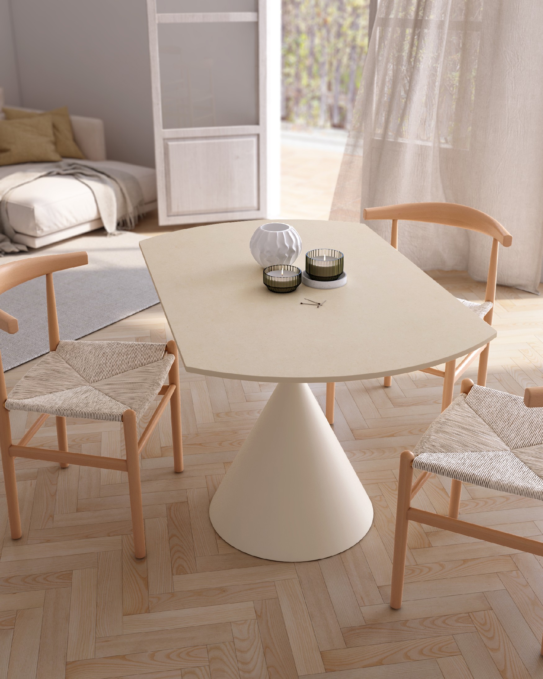 Round extendable rotating table Loira with sandy porcelain finish and ivory metal leg 120 x 80 cm / Ø 120 cm