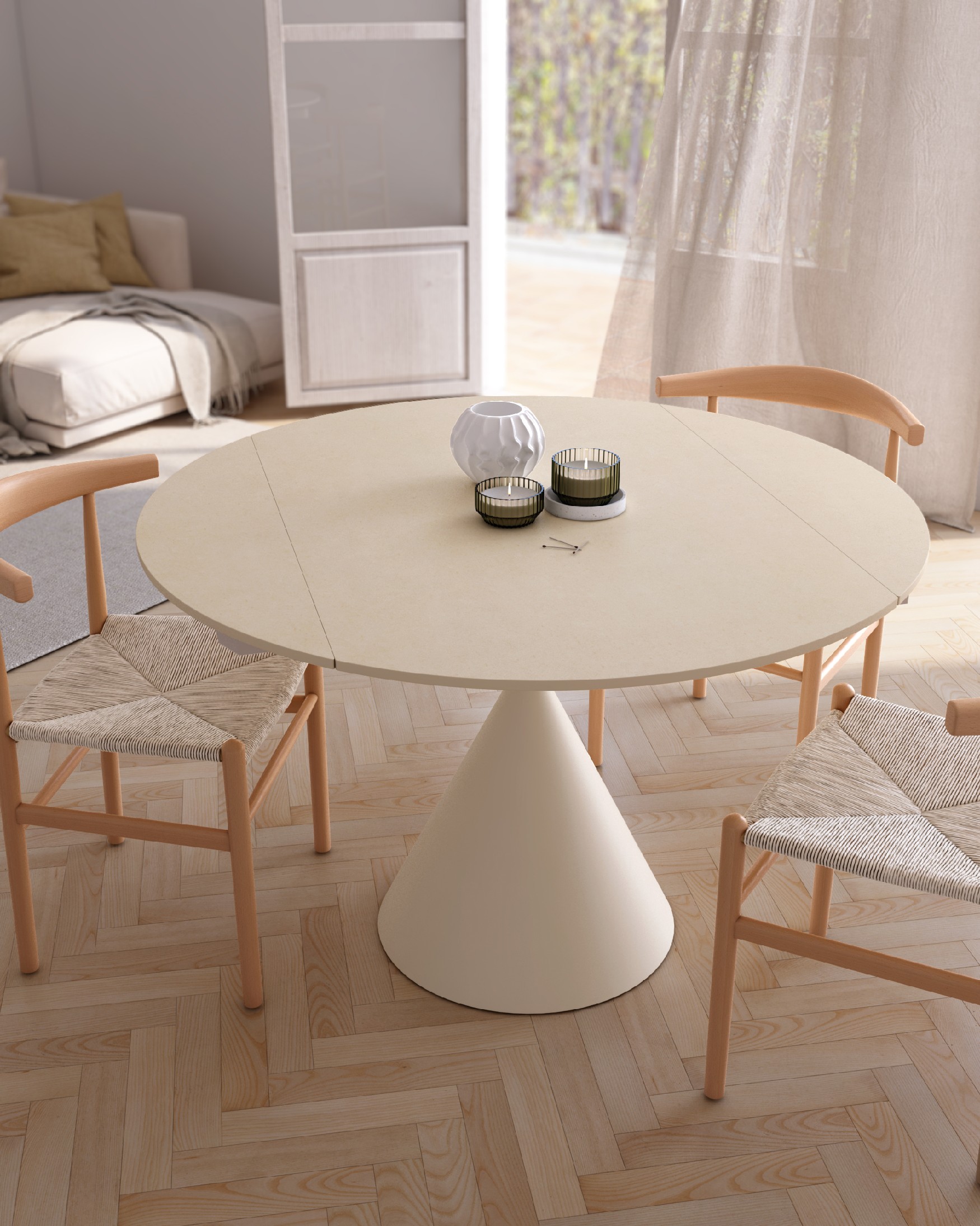 Round extendable rotating table Loira with sandy porcelain finish and ivory metal leg 120 x 80 cm / Ø 120 cm