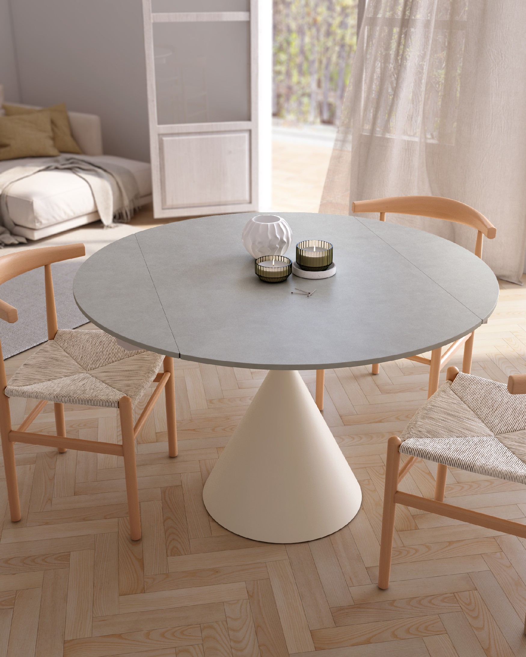 Round extendable rotating Loira table with porcelain finish and ivory metal leg 120 x 80 cm / Ø 120 cm
