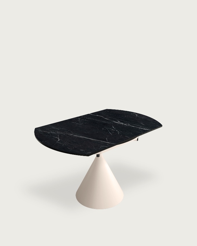 Round extendable rotating Loira table with marquina porcelain finish and ivory metal leg 120 x 80 cm / Ø 120 cm