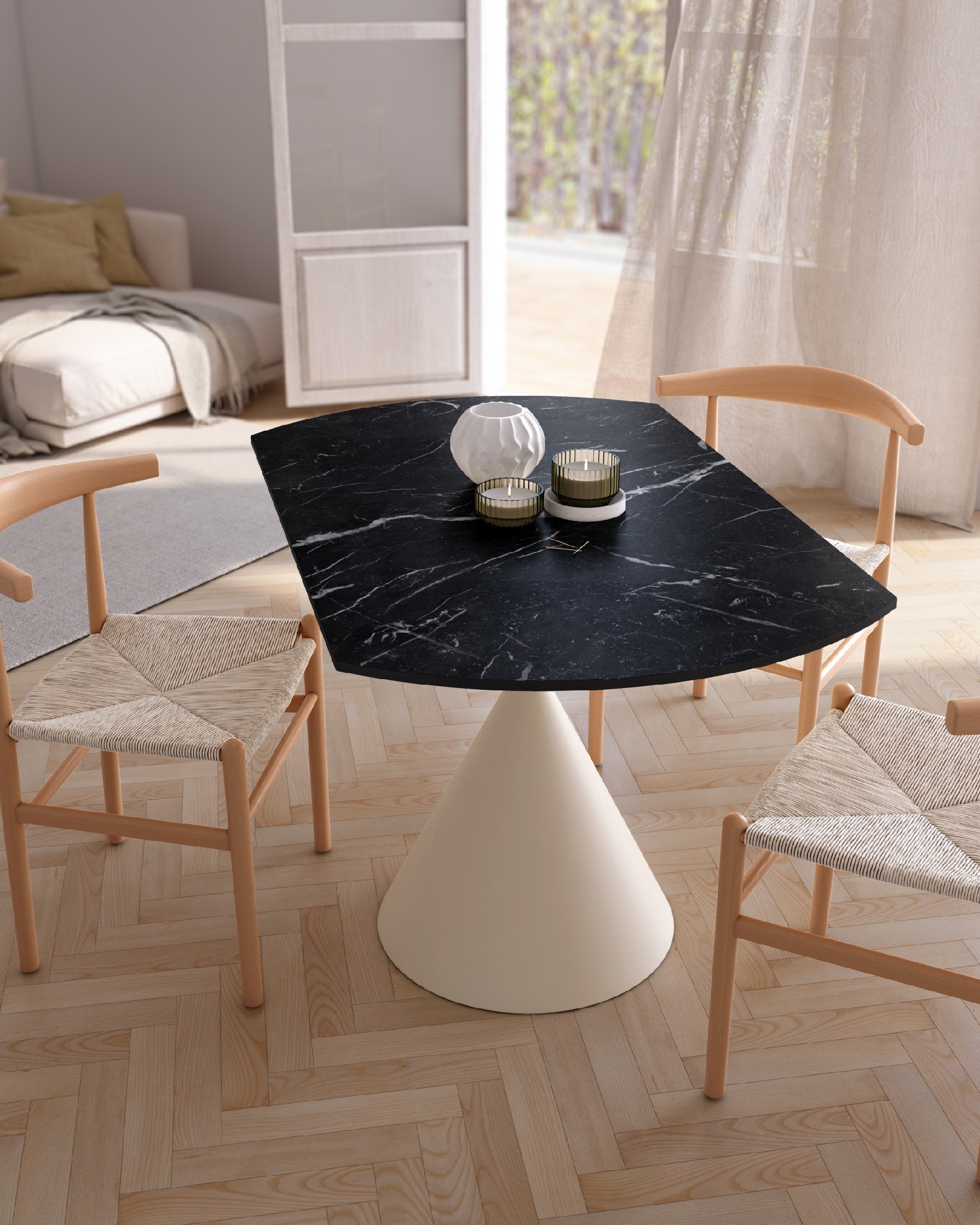 Round extendable rotating Loira table with marquina porcelain finish and ivory metal leg 120 x 80 cm / Ø 120 cm