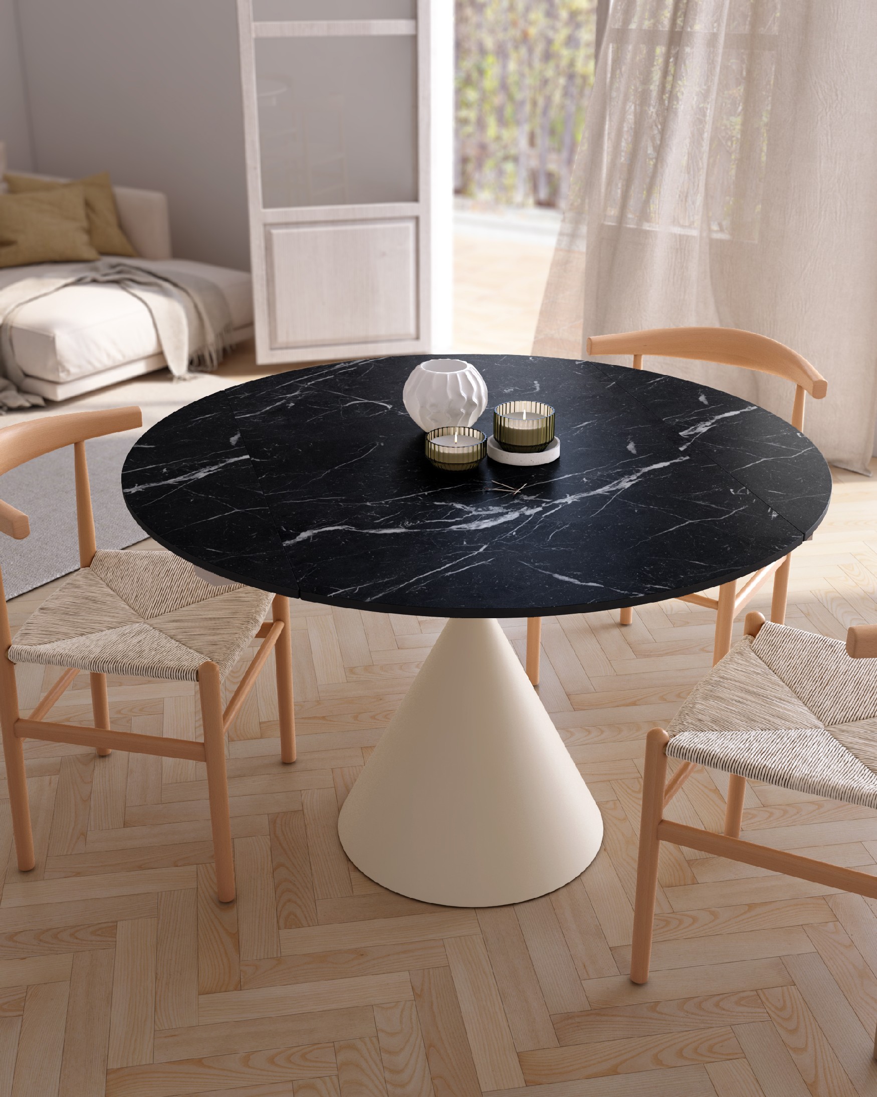 Round extendable rotating Loira table with marquina porcelain finish and ivory metal leg 120 x 80 cm / Ø 120 cm