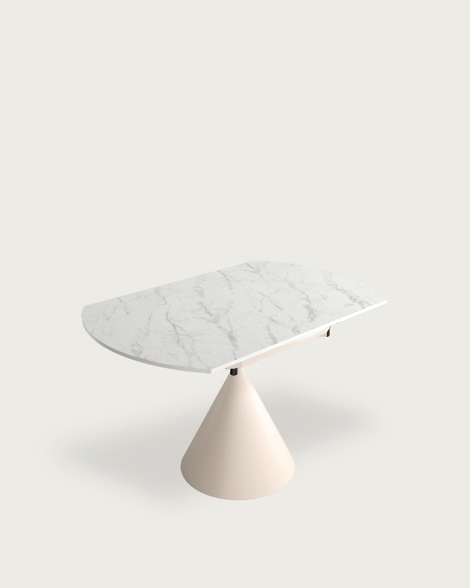 Round extendable rotating Loira table with porcelain Carrara finish and ivory metal leg 120 x 80 cm / Ø 120 cm