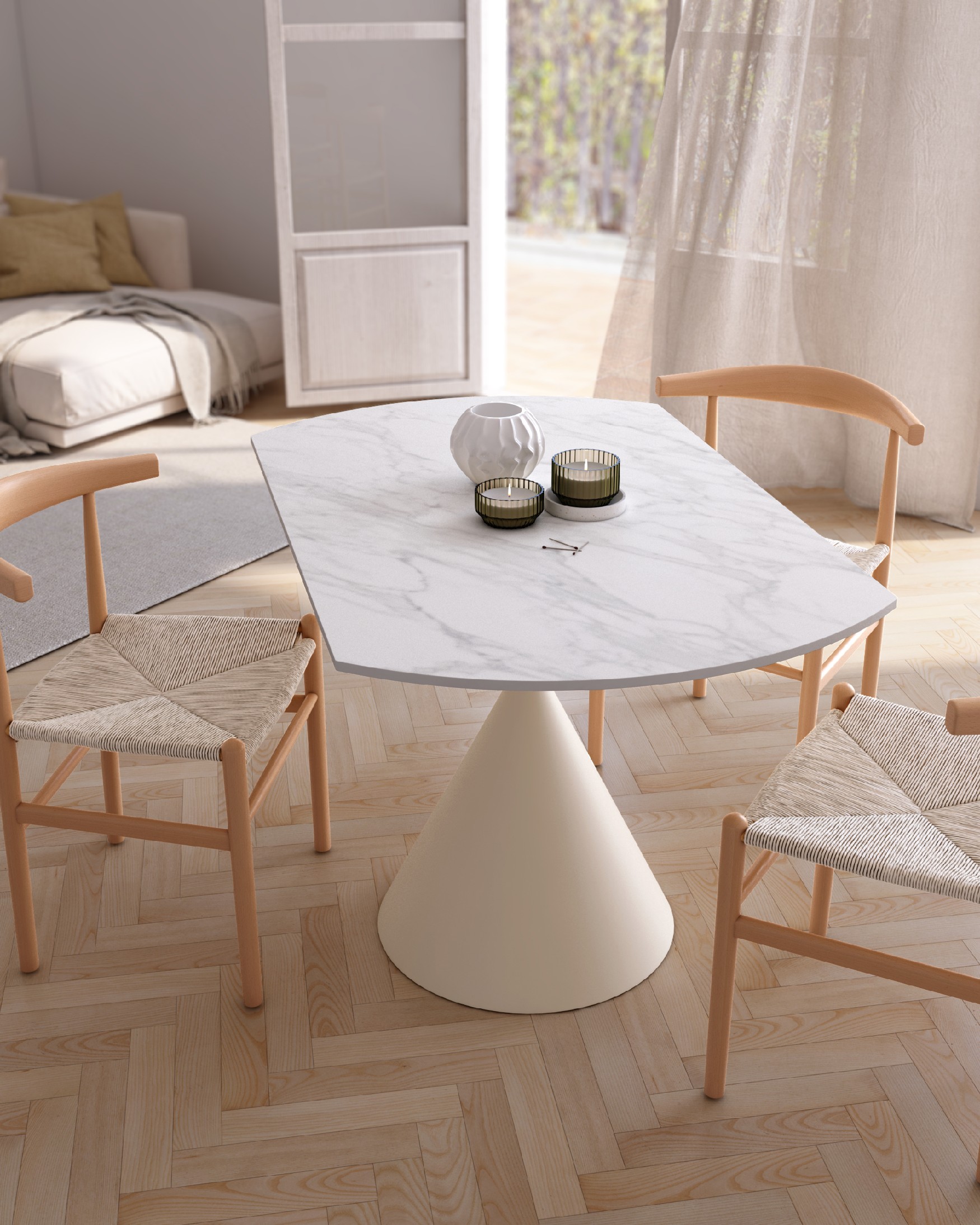 Round extendable rotating Loira table with porcelain Carrara finish and ivory metal leg 120 x 80 cm / Ø 120 cm