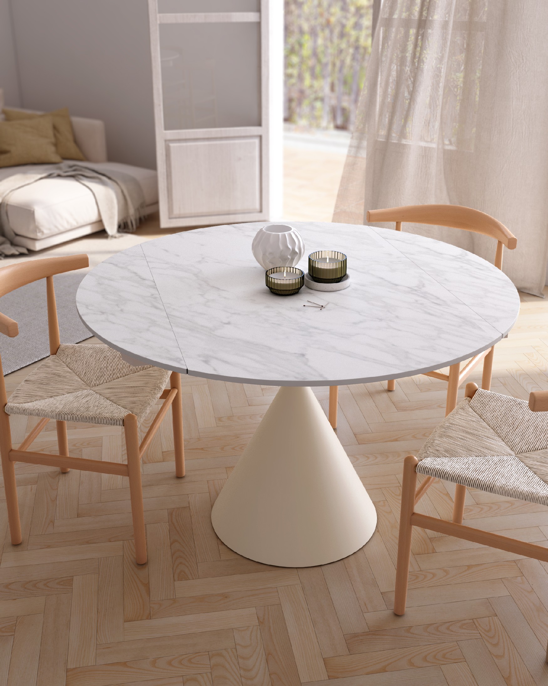 Round extendable rotating Loira table with porcelain Carrara finish and ivory metal leg 120 x 80 cm / Ø 120 cm
