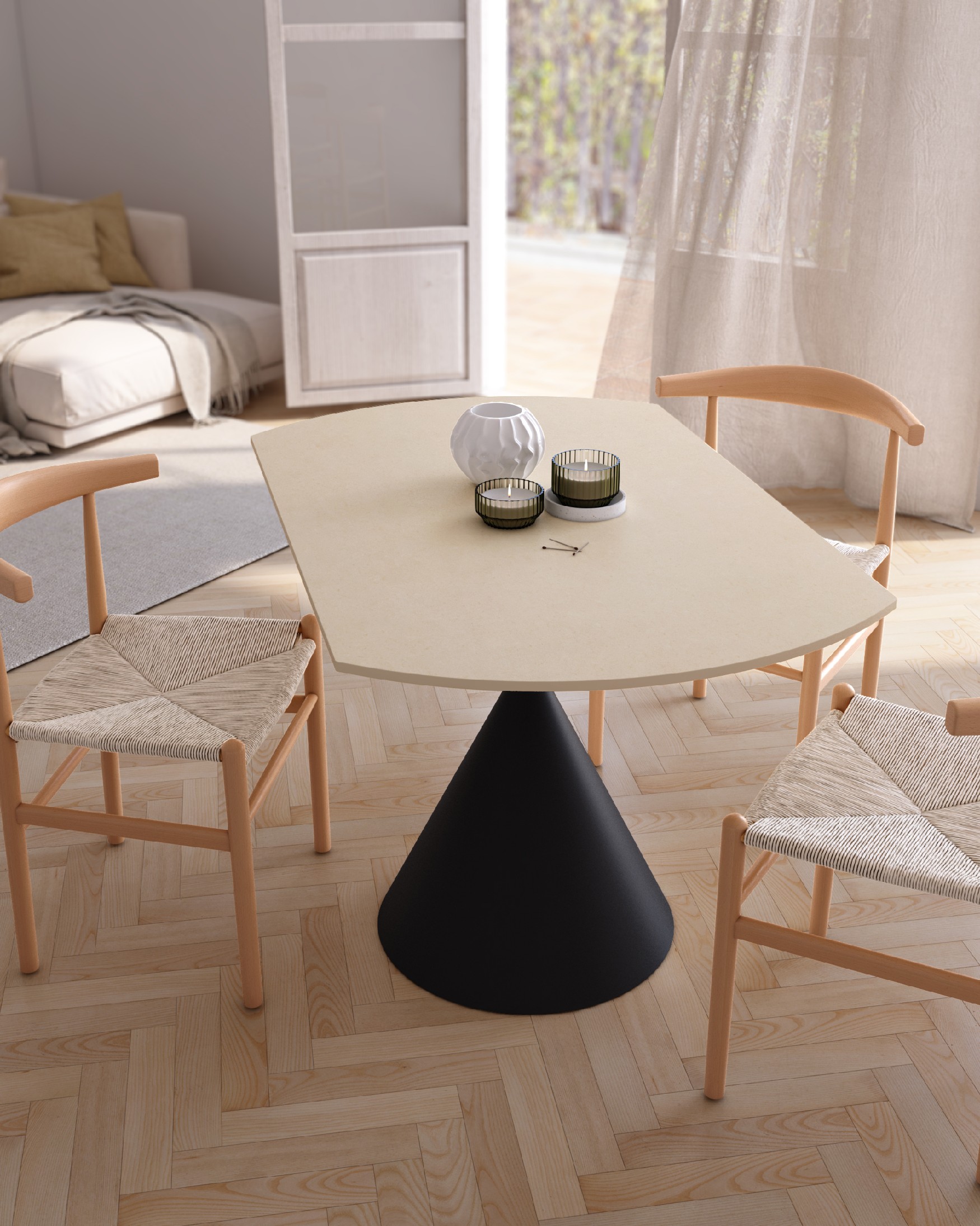 Round extendable rotating Loira table with sandy porcelain finish and black metal leg 120 x 80 cm / Ø 120 cm