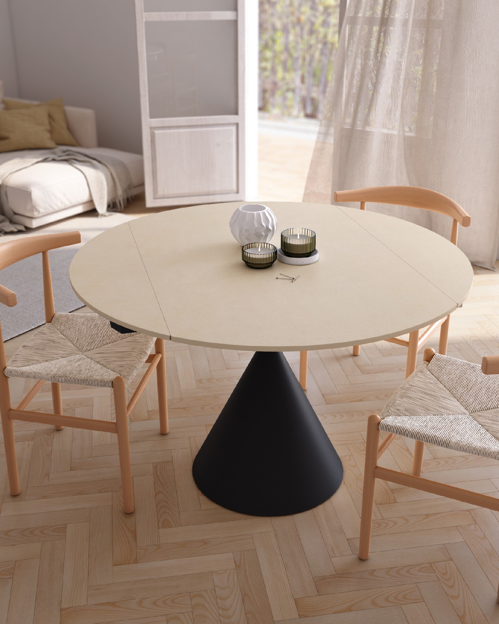Round extendable rotating Loira table with sandy porcelain finish and black metal leg 120 x 80 cm / Ø 120 cm
