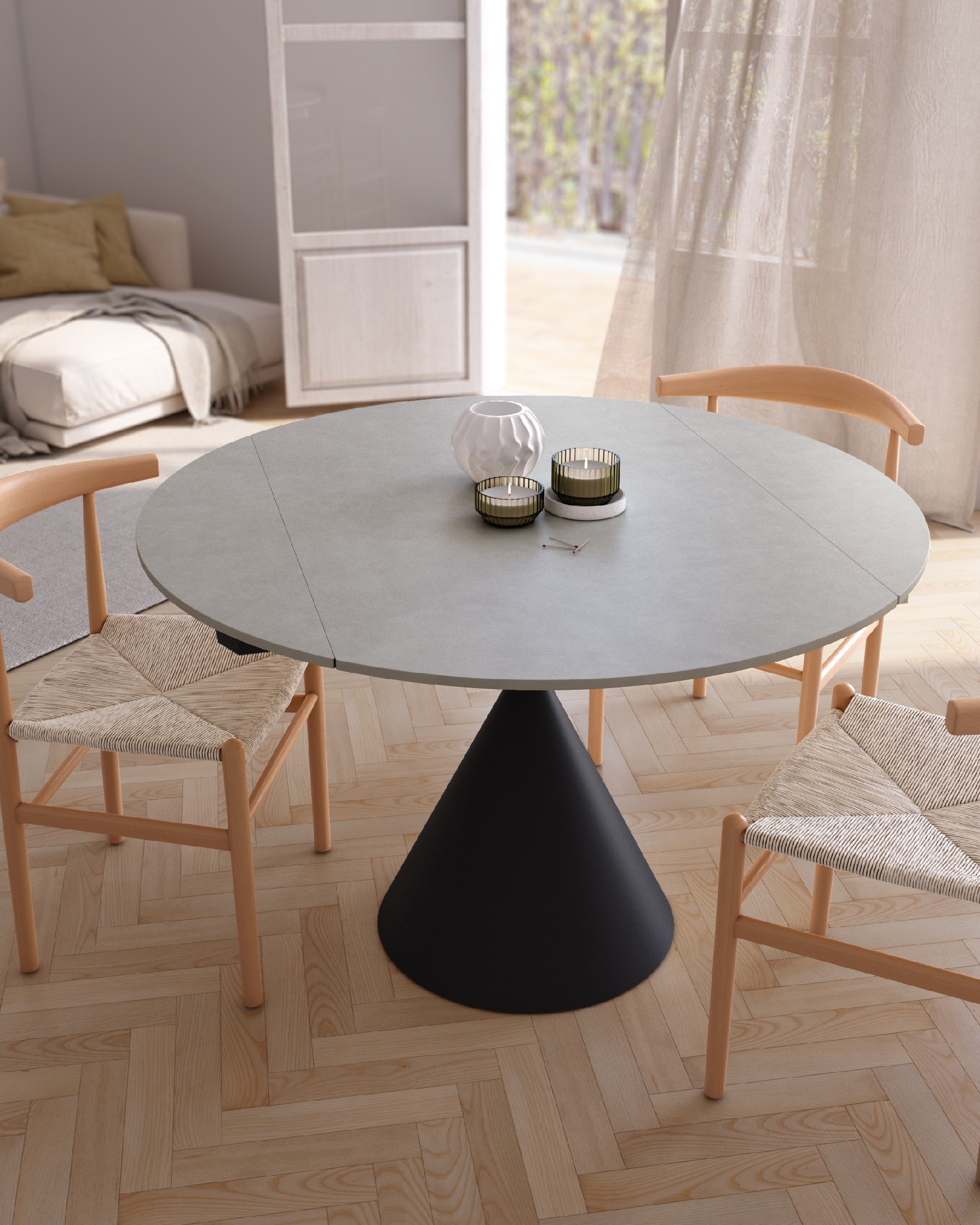 Round extendable rotating Loira table with porcelain finish and black metal leg 120 x 80 cm / Ø 120 cm