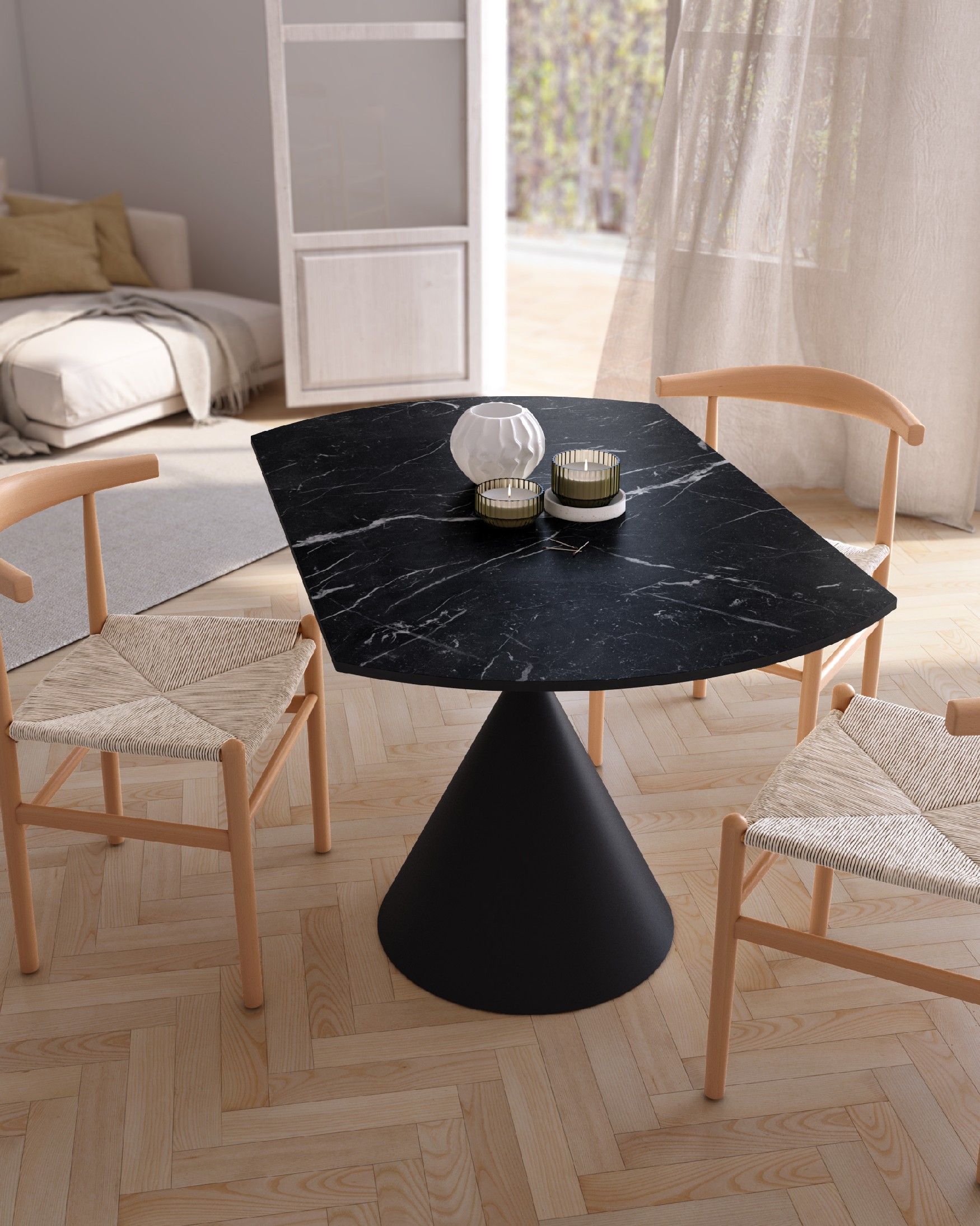 Round extendable rotating Loira table with marquina porcelain finish and black metal leg 120 x 80 cm / Ø 120 cm