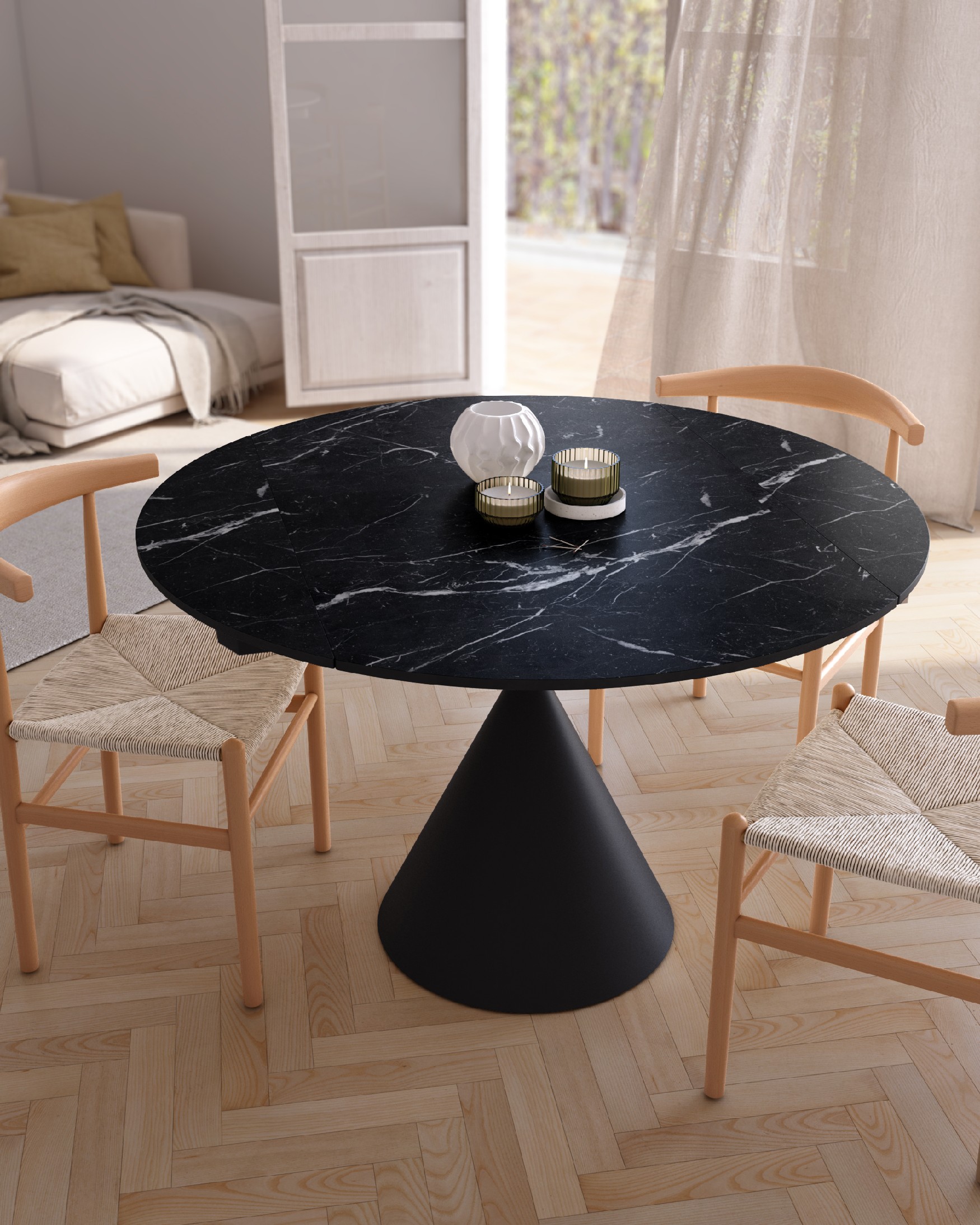 Round extendable rotating Loira table with marquina porcelain finish and black metal leg 120 x 80 cm / Ø 120 cm
