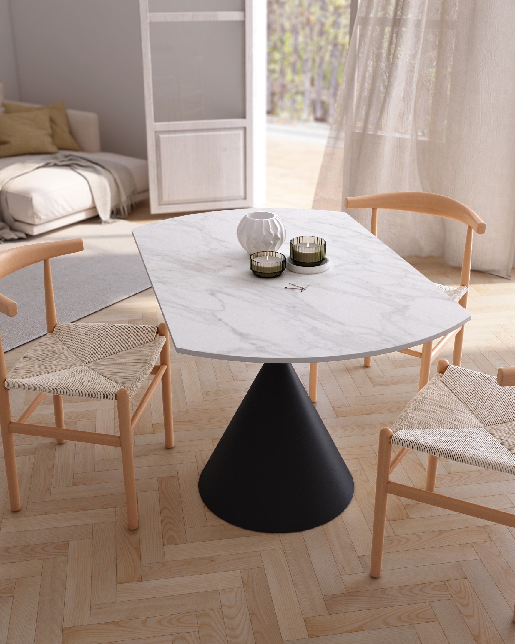 Round extendable rotating Loira table with Carrara porcelain finish and black metal leg 120 x 80 cm / Ø 120 cm
