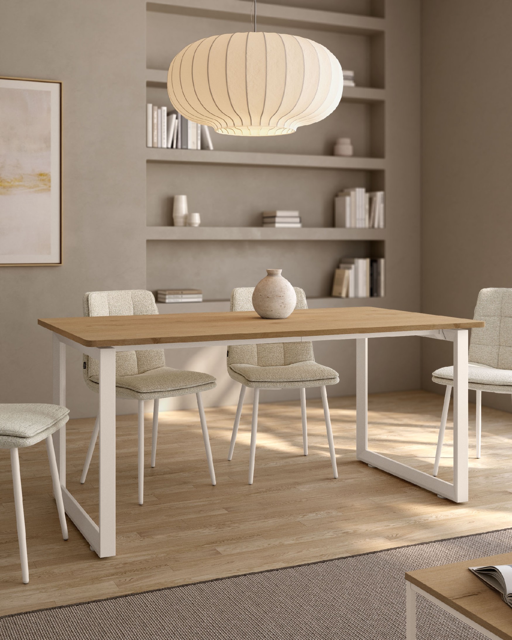 Table Loop with straight corners collet oak melamine finish and ivory metal structure 140 x 90 cm