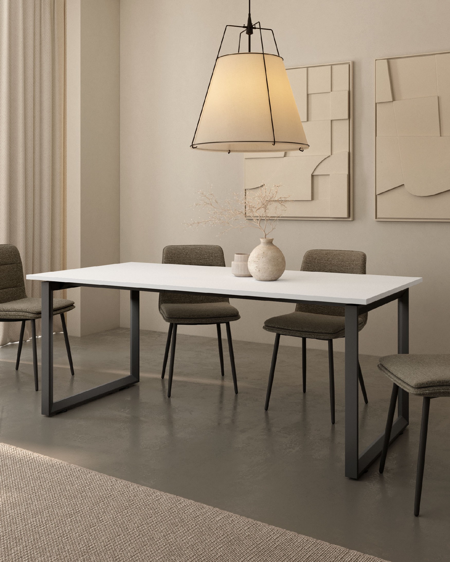 Loop Table with straight corners extra white melamine finish and black metal structure 160 x 90 cm