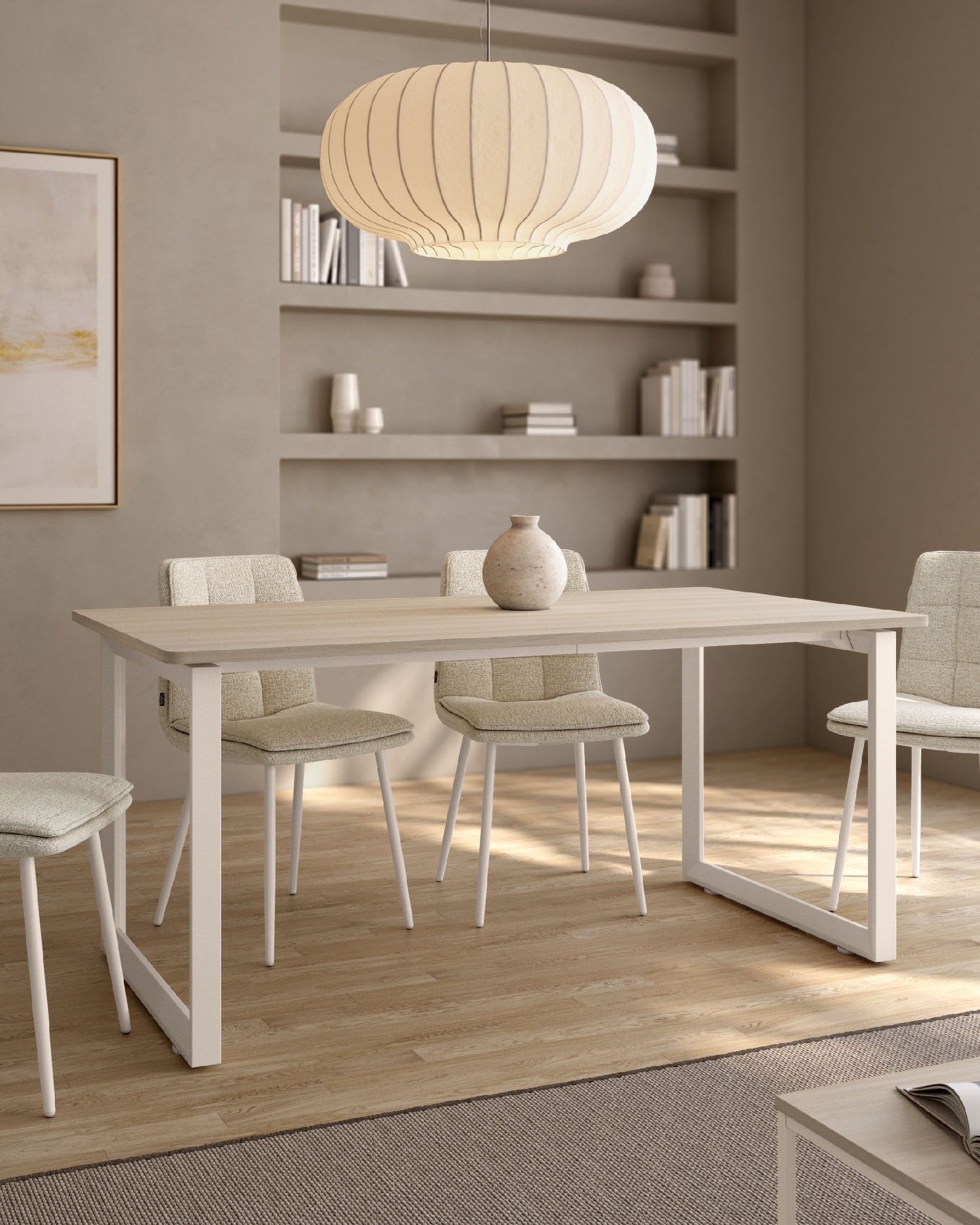 Loop Table with straight corners melamine elm finish and ivory metal structure 180 x 90 cm