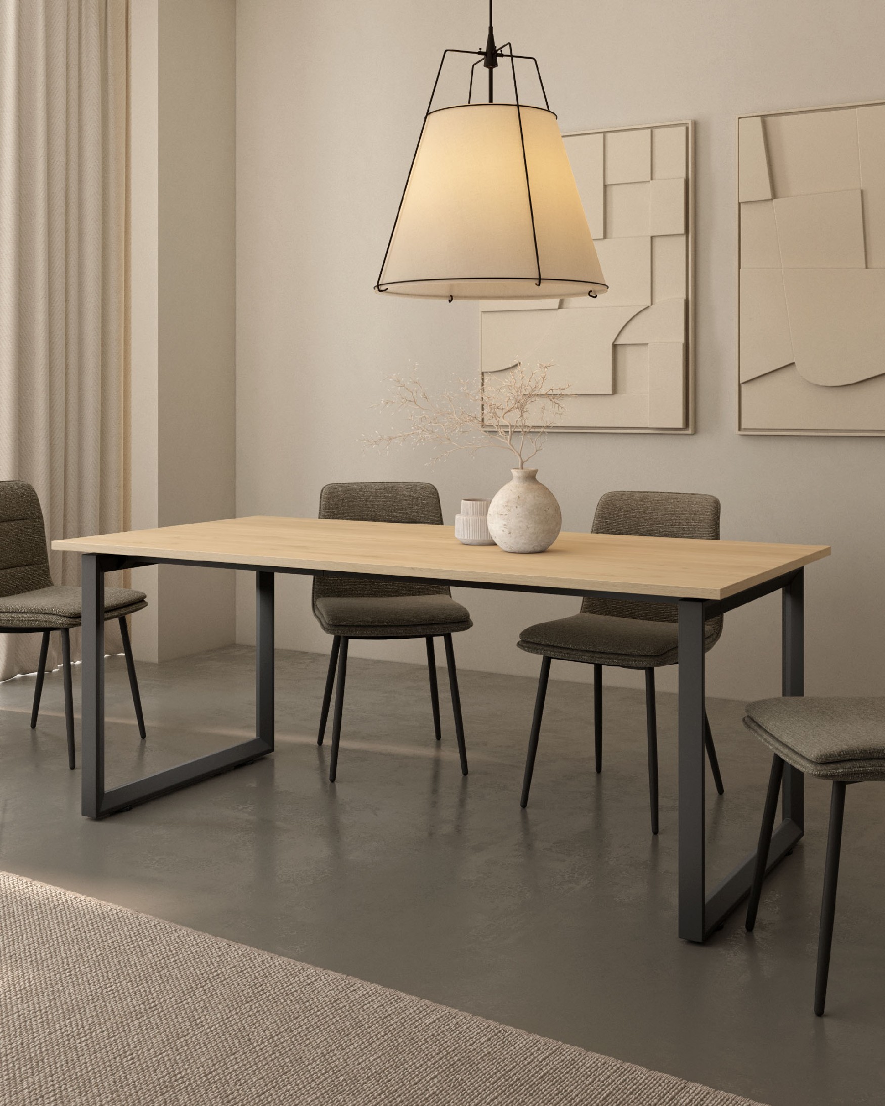 Table Loop avec coins droits finition en mélamine chêne naturel et structure métallique noire, mesure soufflet 140-220 x 90 cm