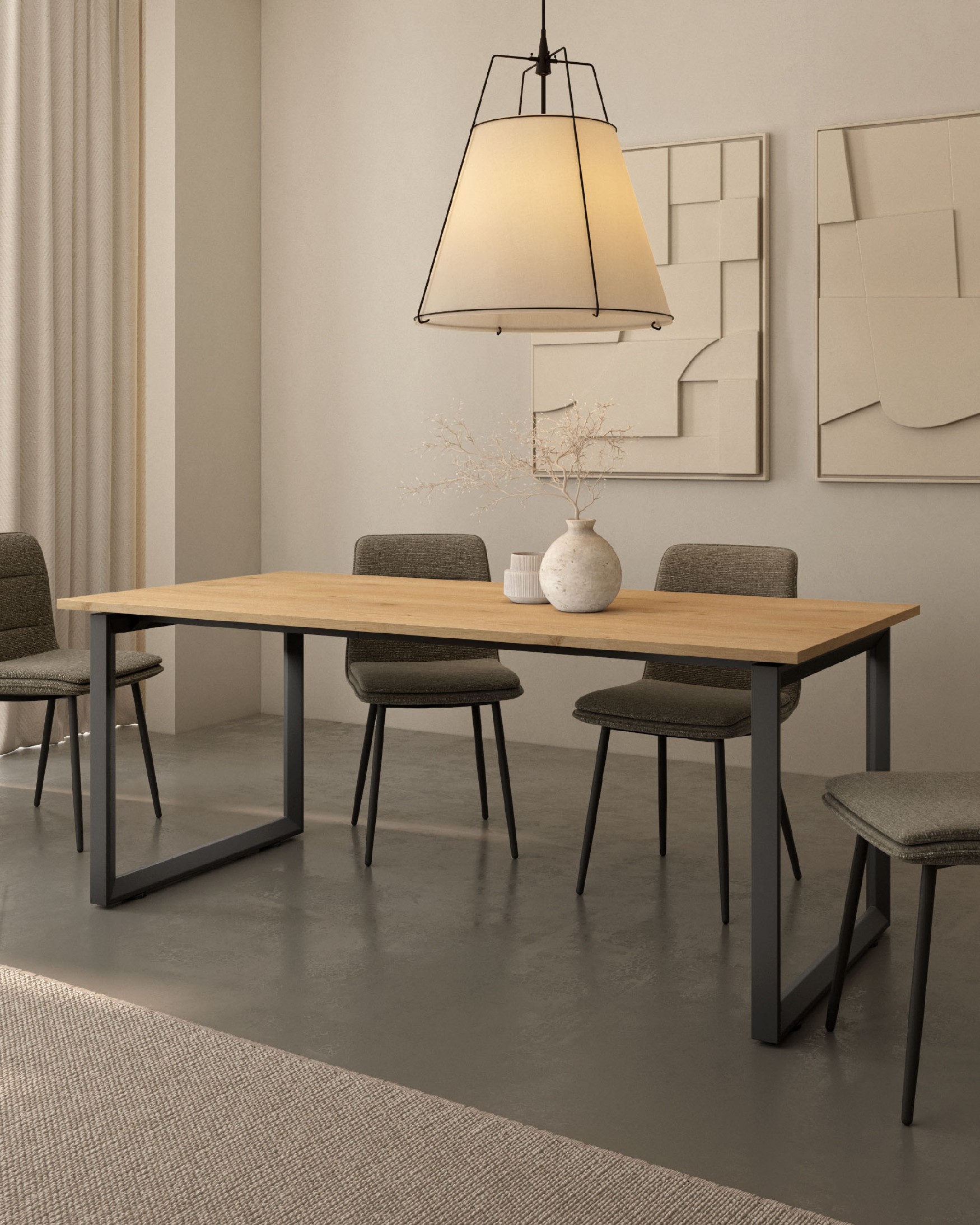 Loop Table with curved corners melamine oak collet finish and black metal structure 220 x 90 cm