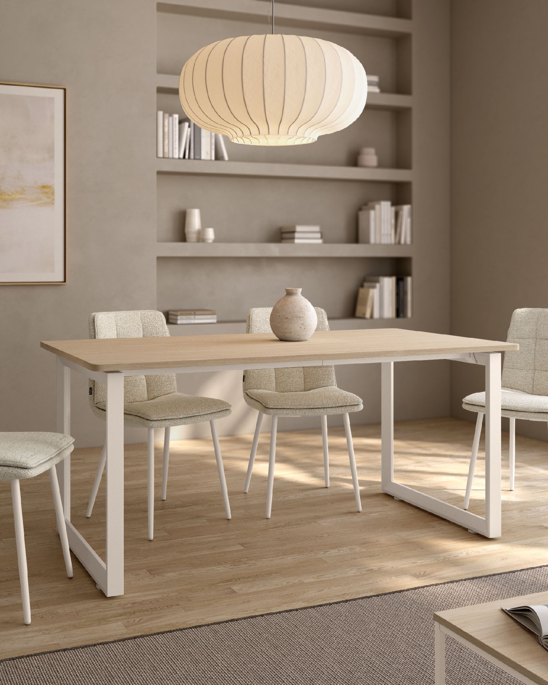 Loop Table with curved corners melamine alpin finish and ivory metal structure, expandable size 140-220 x 90 cm