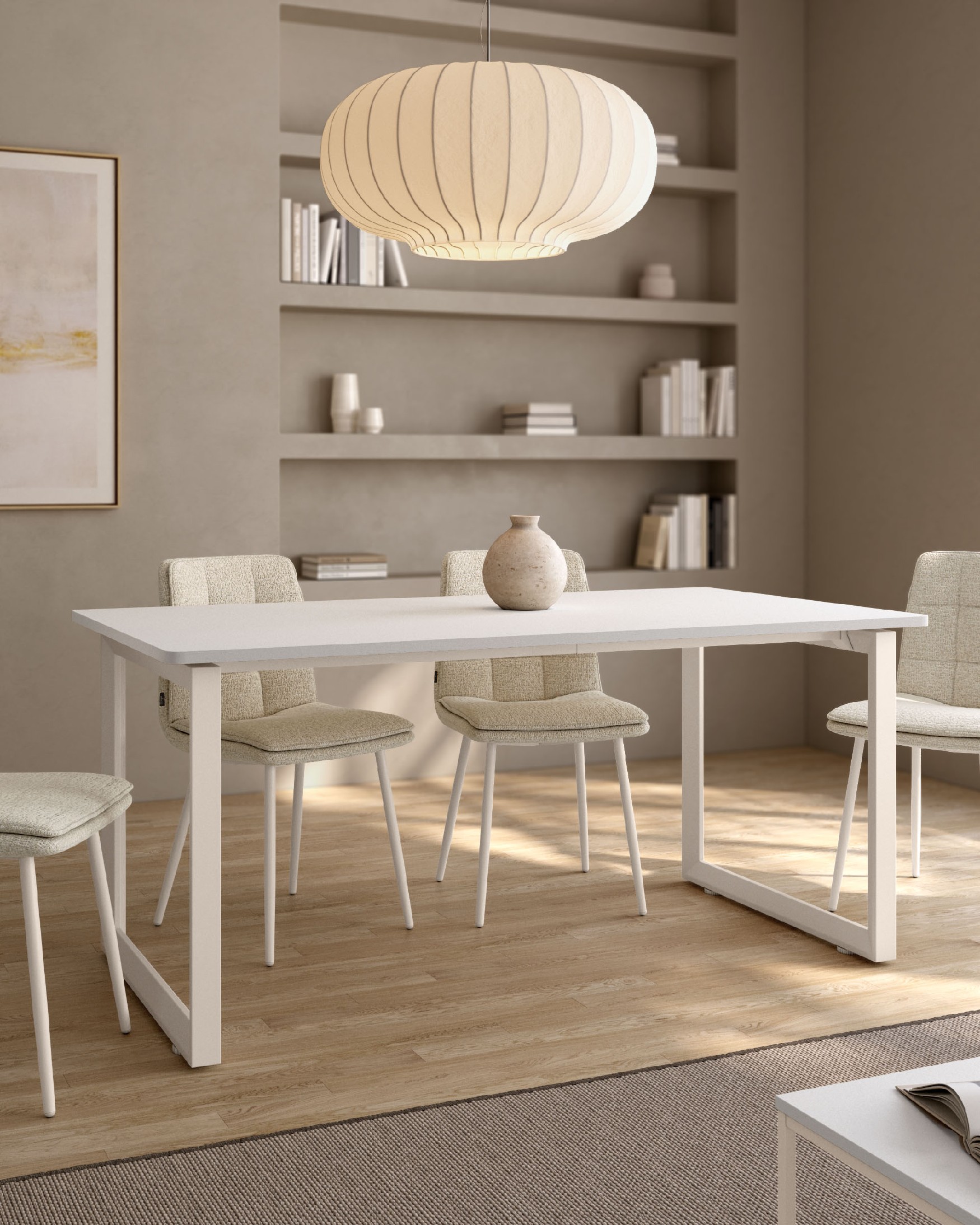 Table Loop avec coins arrondis finition en mélamine soul blanc et structure métallique ivoire, mesure soufflet 140-220 x 90 cm