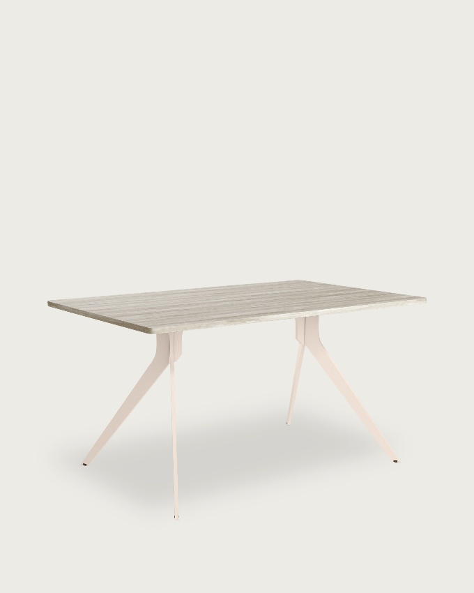 Iseo table with rounded edges, artic melamine top, and ivory metal leg, 140 x 90 cm