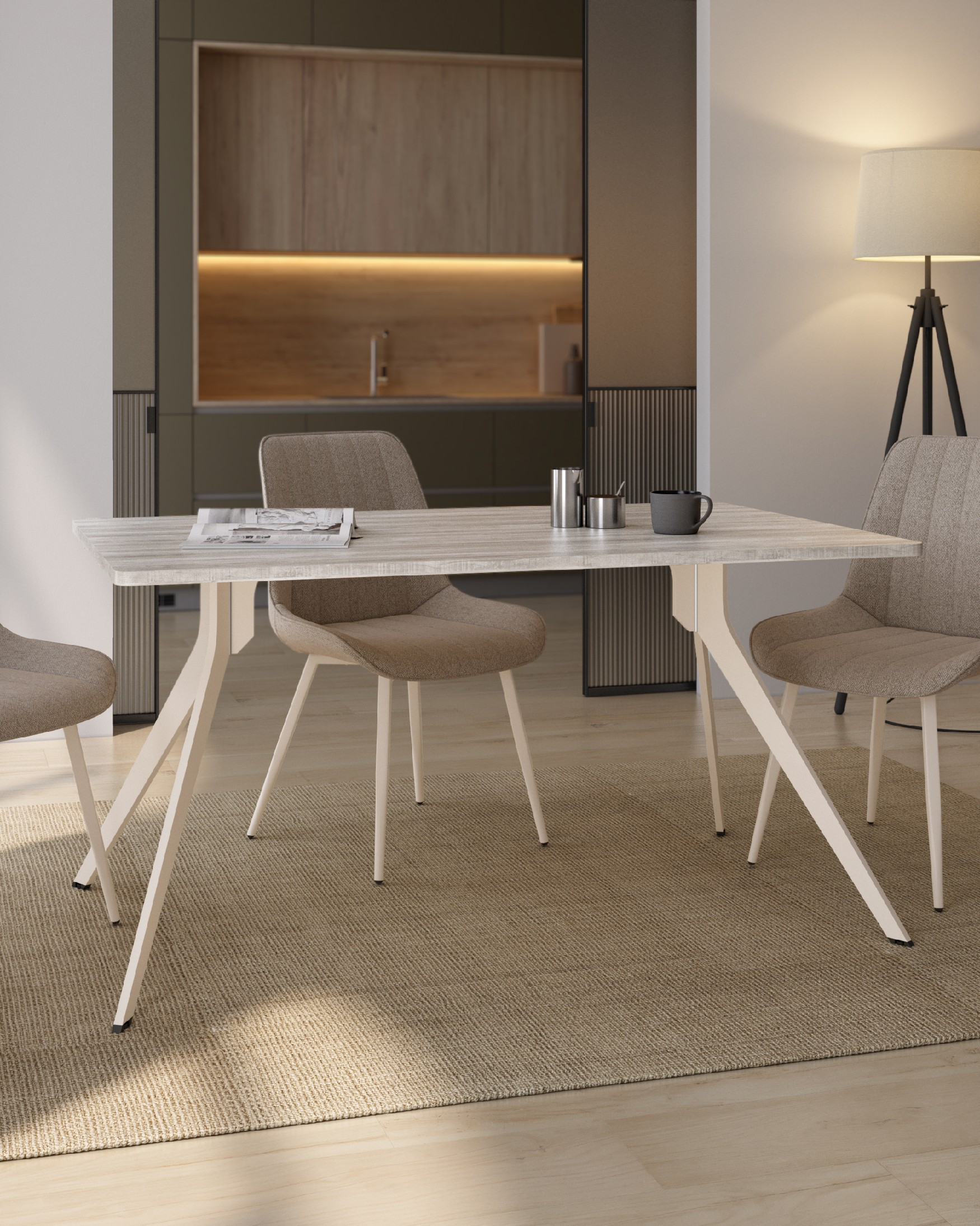 Iseo table with rounded edges, artic melamine top and ivory metal legs, 160 x 90 cm