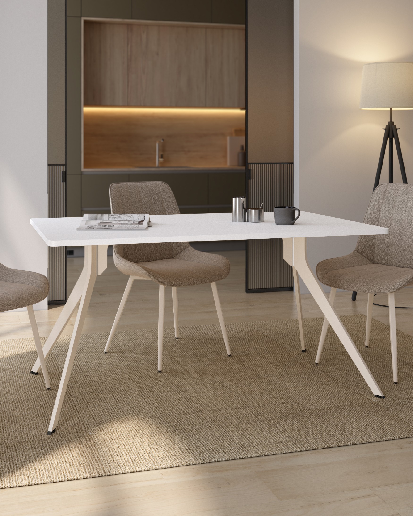 Iseo table with rounded edges, extra white melamine top, and ivory metal legs 140 x 90 cm