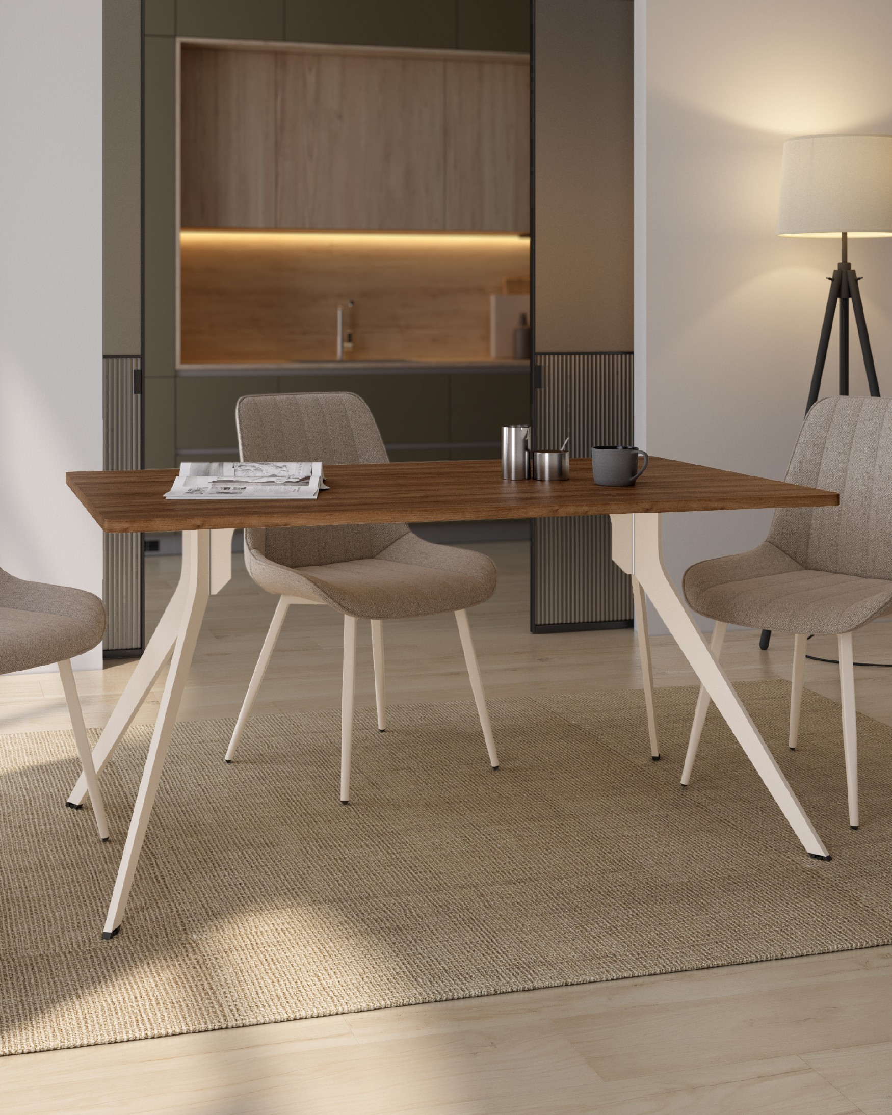 Iseo table with rounded edges made of Java melamine and ivory metal legs 140 x 90 cm
