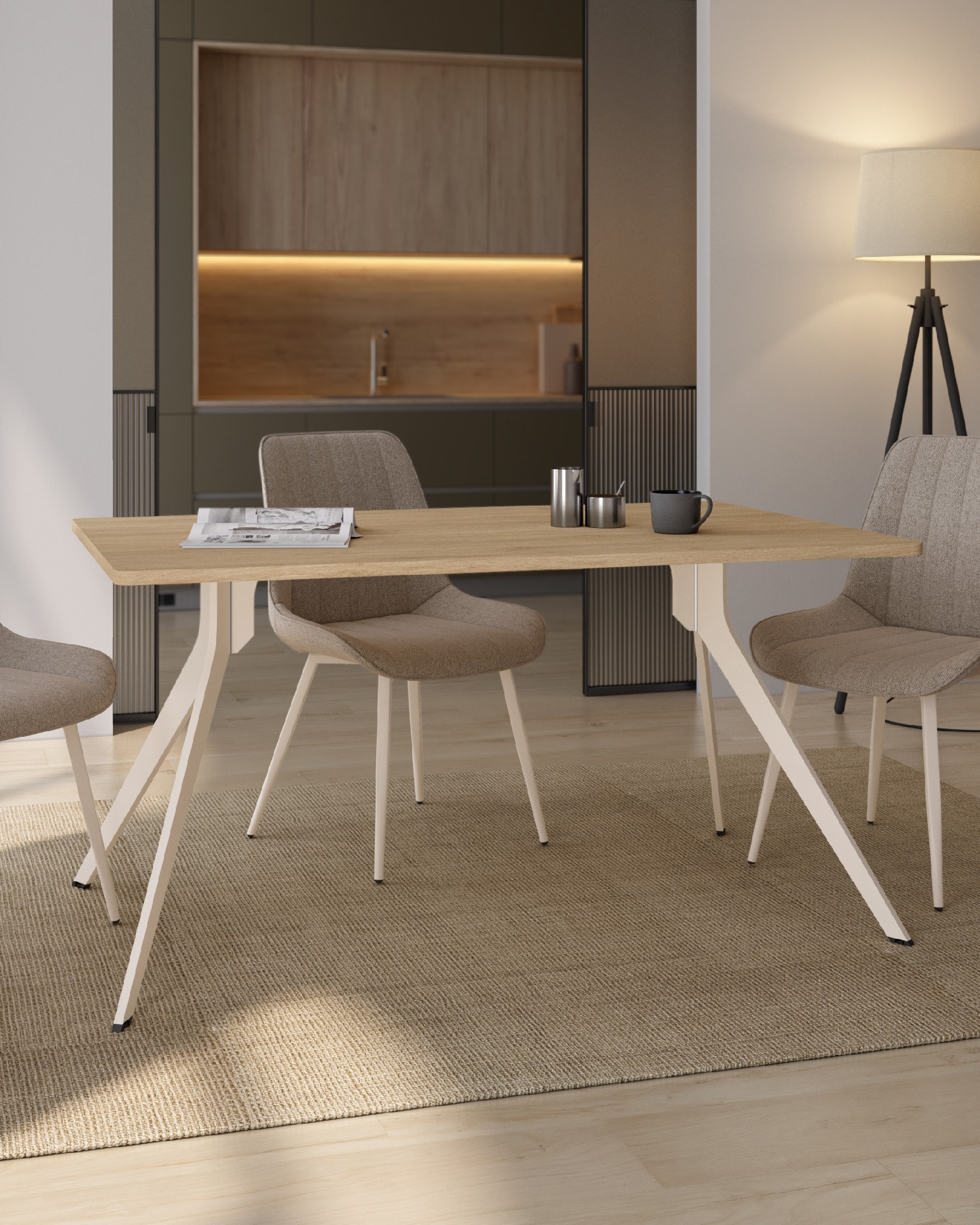Mesa Iseo con bordes redondeados sobre de melamina roble natural y pata metálica marfil 140 x 90 cm