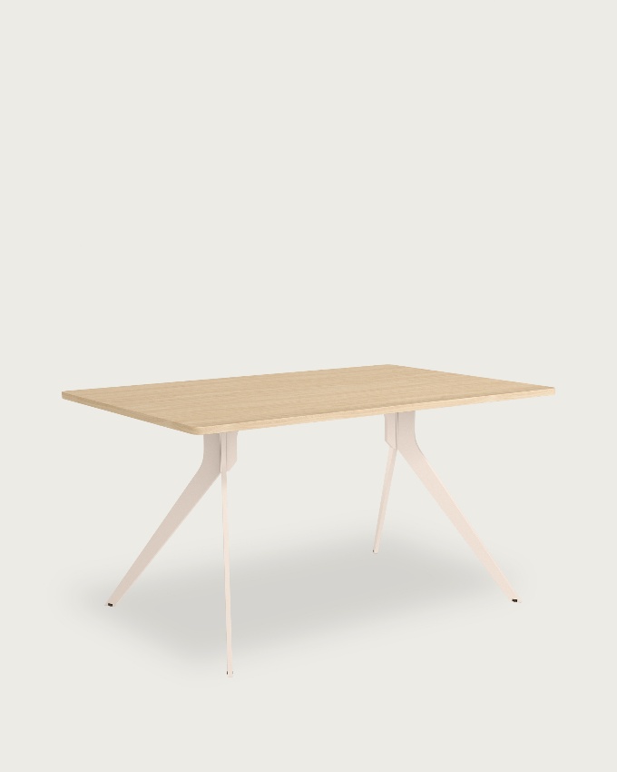 Iseo table with rounded edges, alpine melamine top, and ivory metal legs, 140 x 90 cm