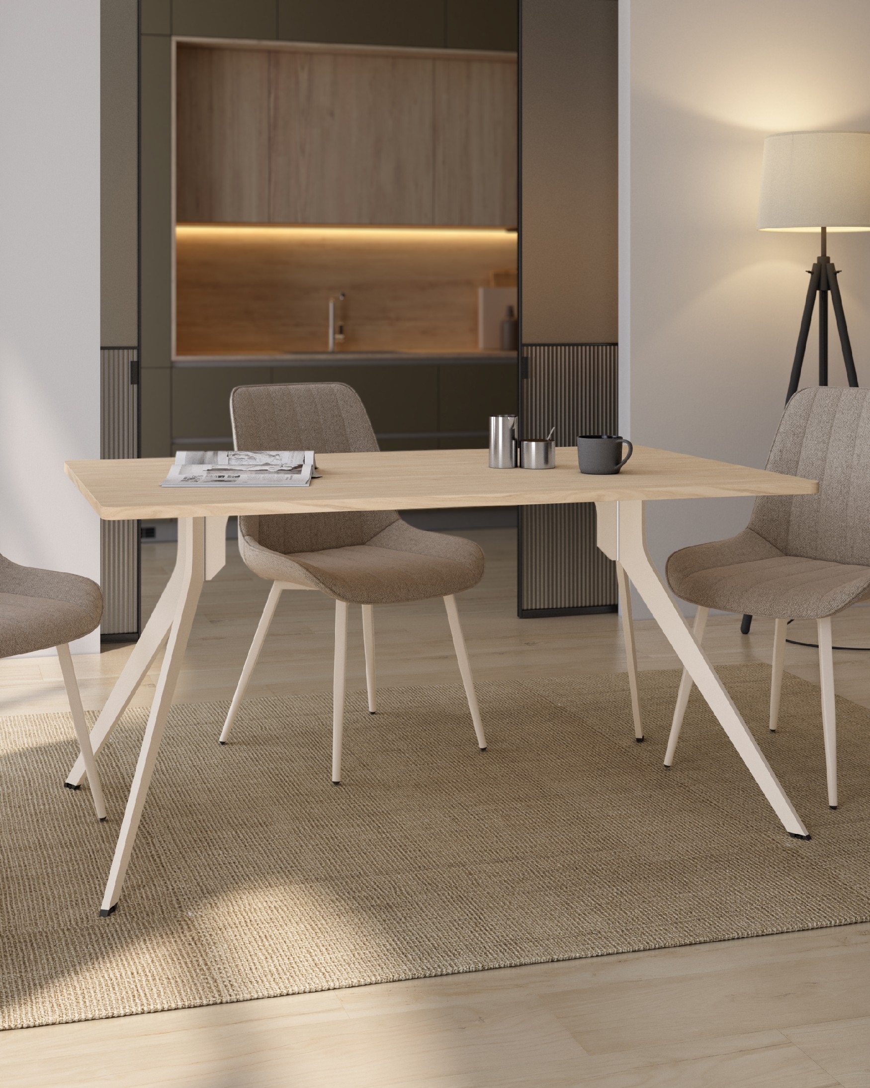 Table Iseo avec bords arrondis en mélamine alpin et pied métallique ivoire 140 x 90 cm