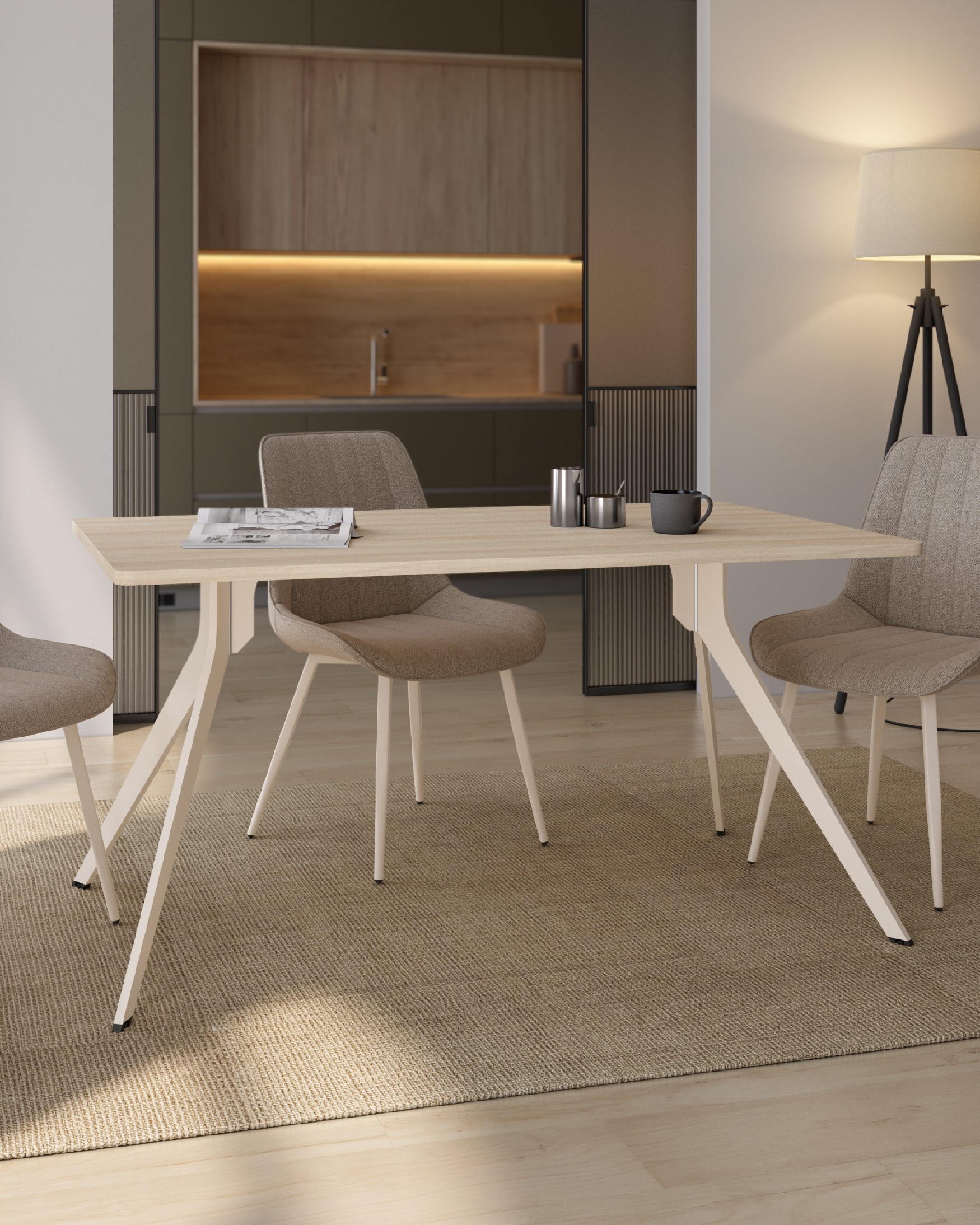 Iseo table with rounded edges, oak melamine top, and ivory metal legs 160 x 90 cm