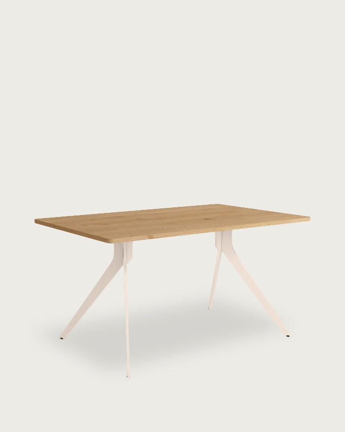 Iseo table with rounded edges, melamine oak top, and ivory metal leg 140 x 90 cm