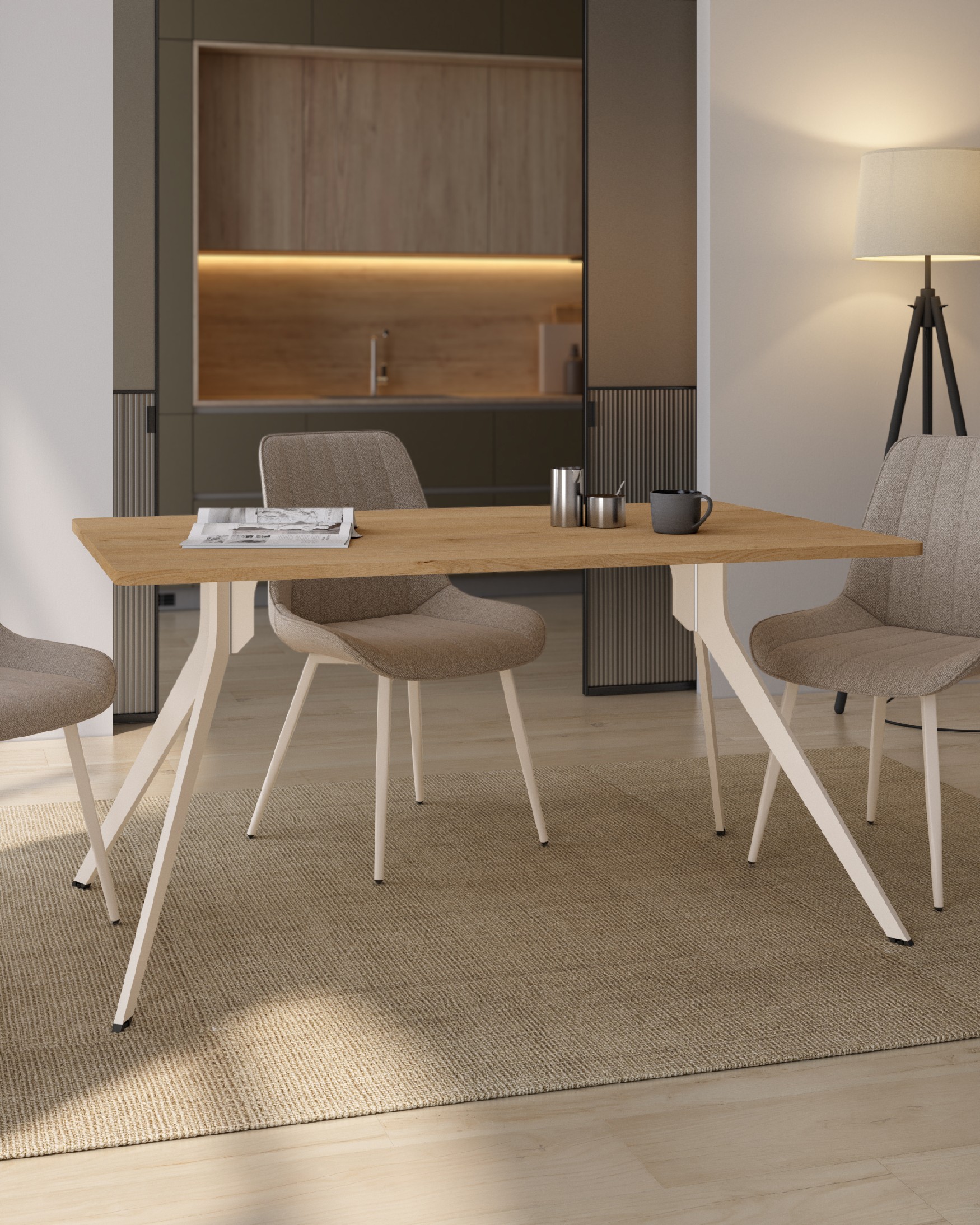 Iseo table with rounded edges, melamine oak top, and ivory metal leg 140 x 90 cm