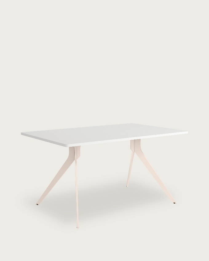 Iseo table with rounded edges, white soul melamine top, and ivory metal leg, 140 x 90 cm