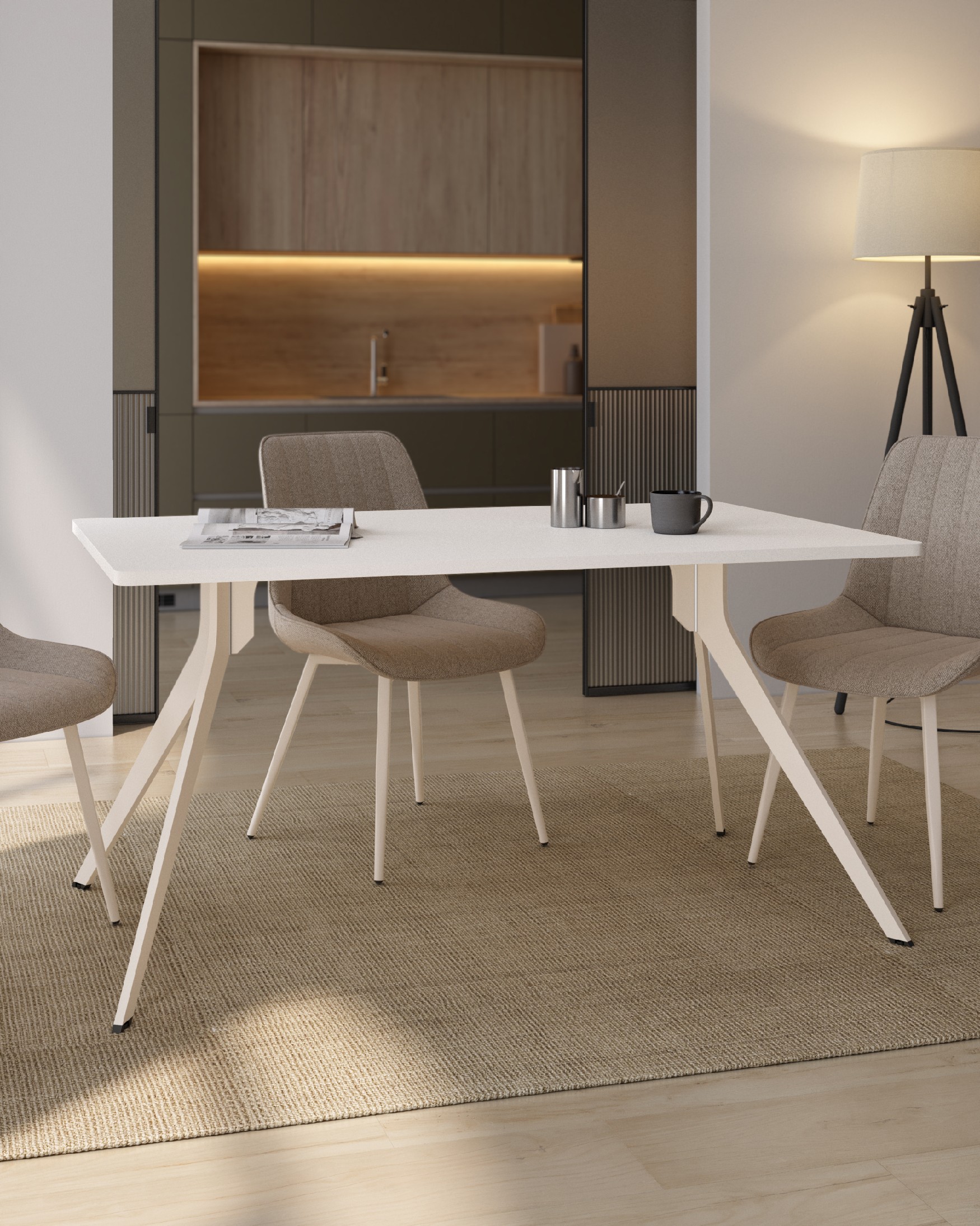 Table Iseo avec bords arrondis en mélamine soul blanc et pied en métal ivoire 160 x 90 cm