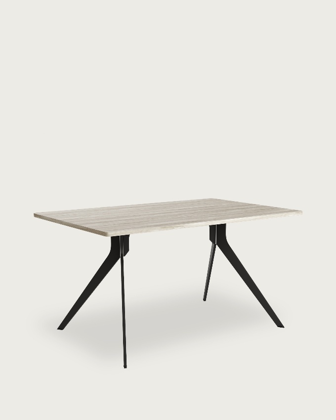 Iseo table with rounded edges, made of artic melamine with a black metal leg, 140 x 90 cm