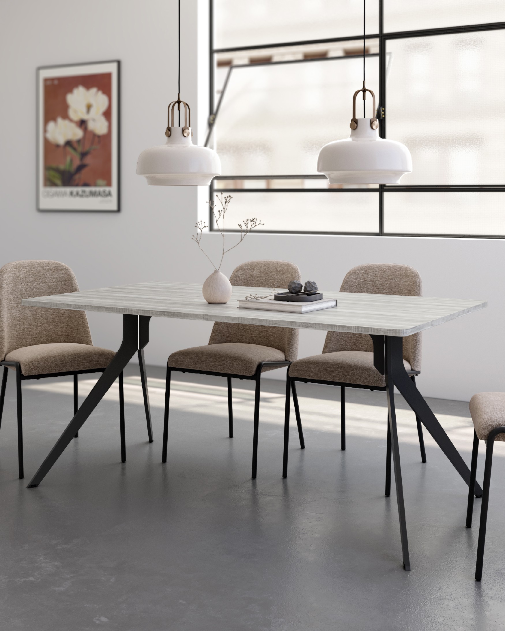 Table Iseo avec bords arrondis en mélamine artic et pied en métal noir 140 x 90 cm