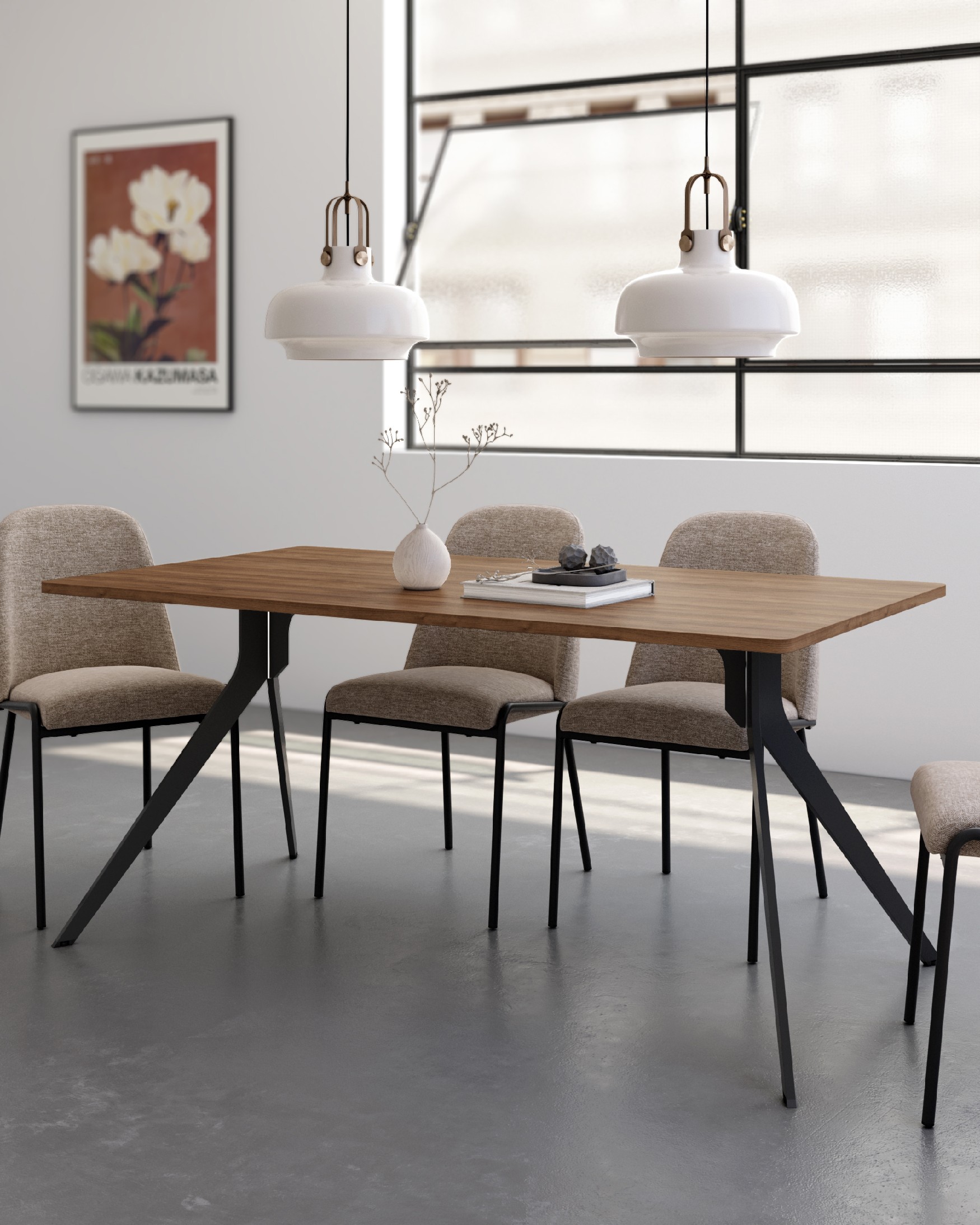 Table Iseo avec bords arrondis en mélamine java et pied en métal noir 160 x 90 cm
