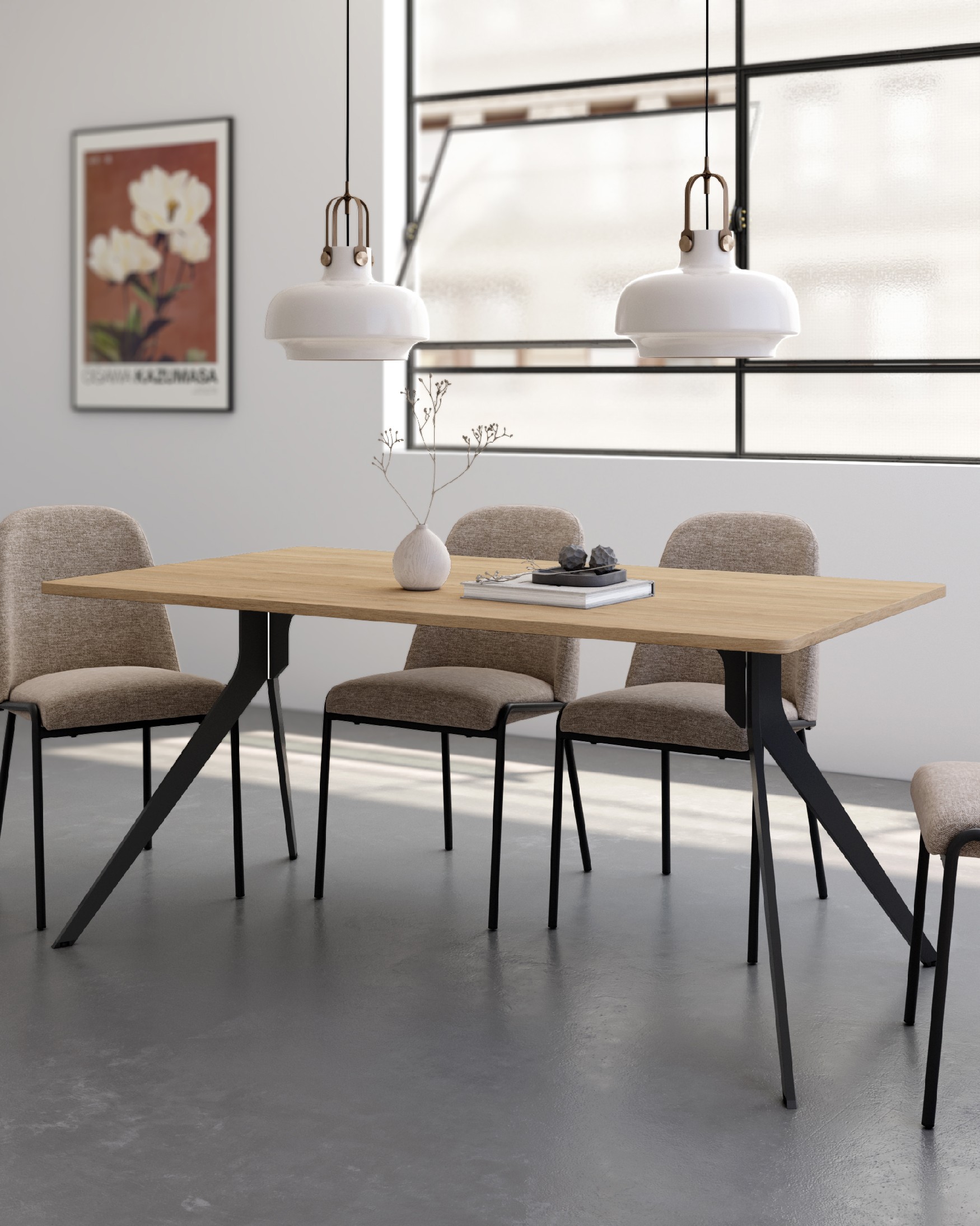 Iseo table with rounded edges, natural oak melamine top and black metal legs 180 x 90 cm