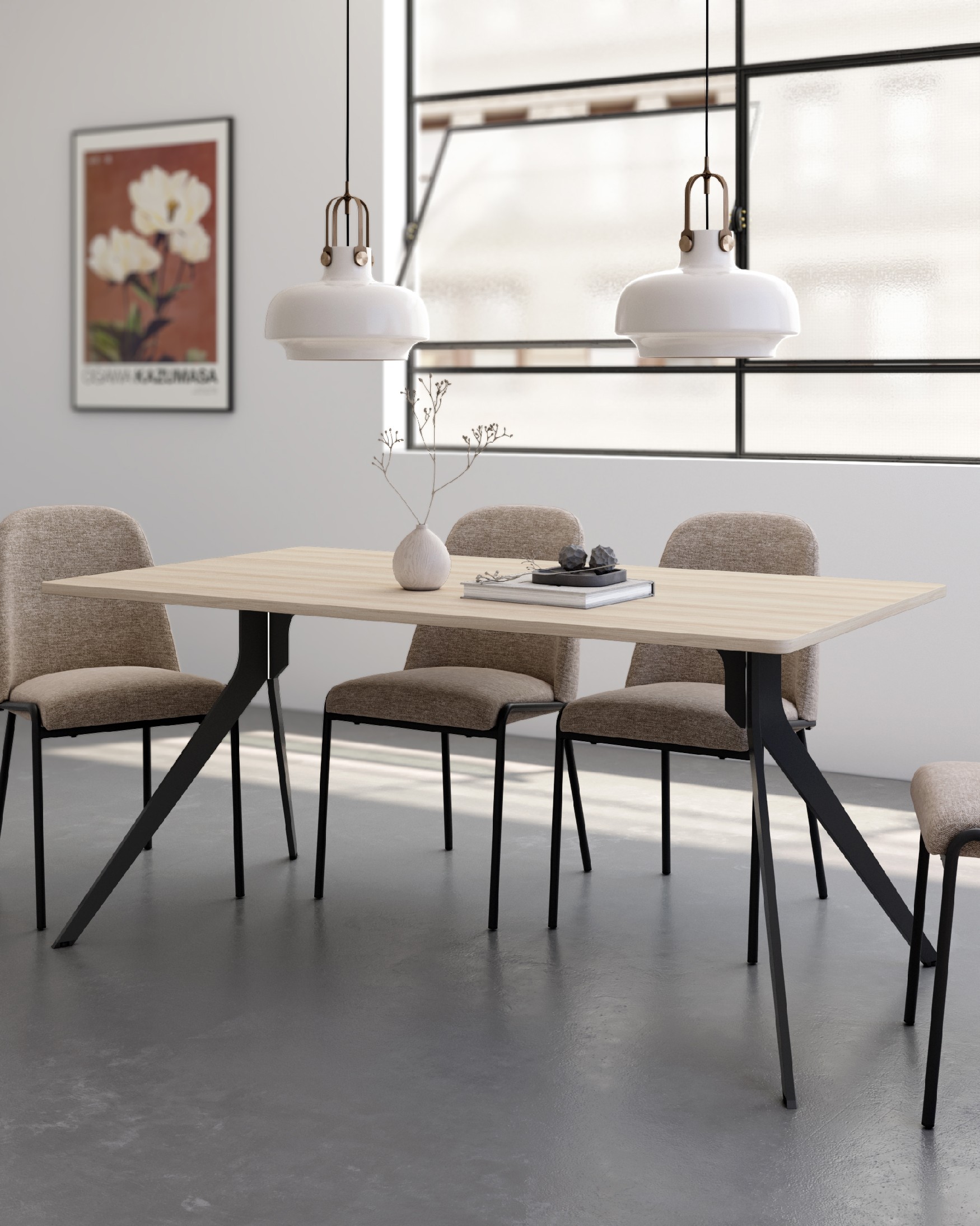 Iseo table with rounded edges, elm melamine top, and black metal legs 160 x 90 cm