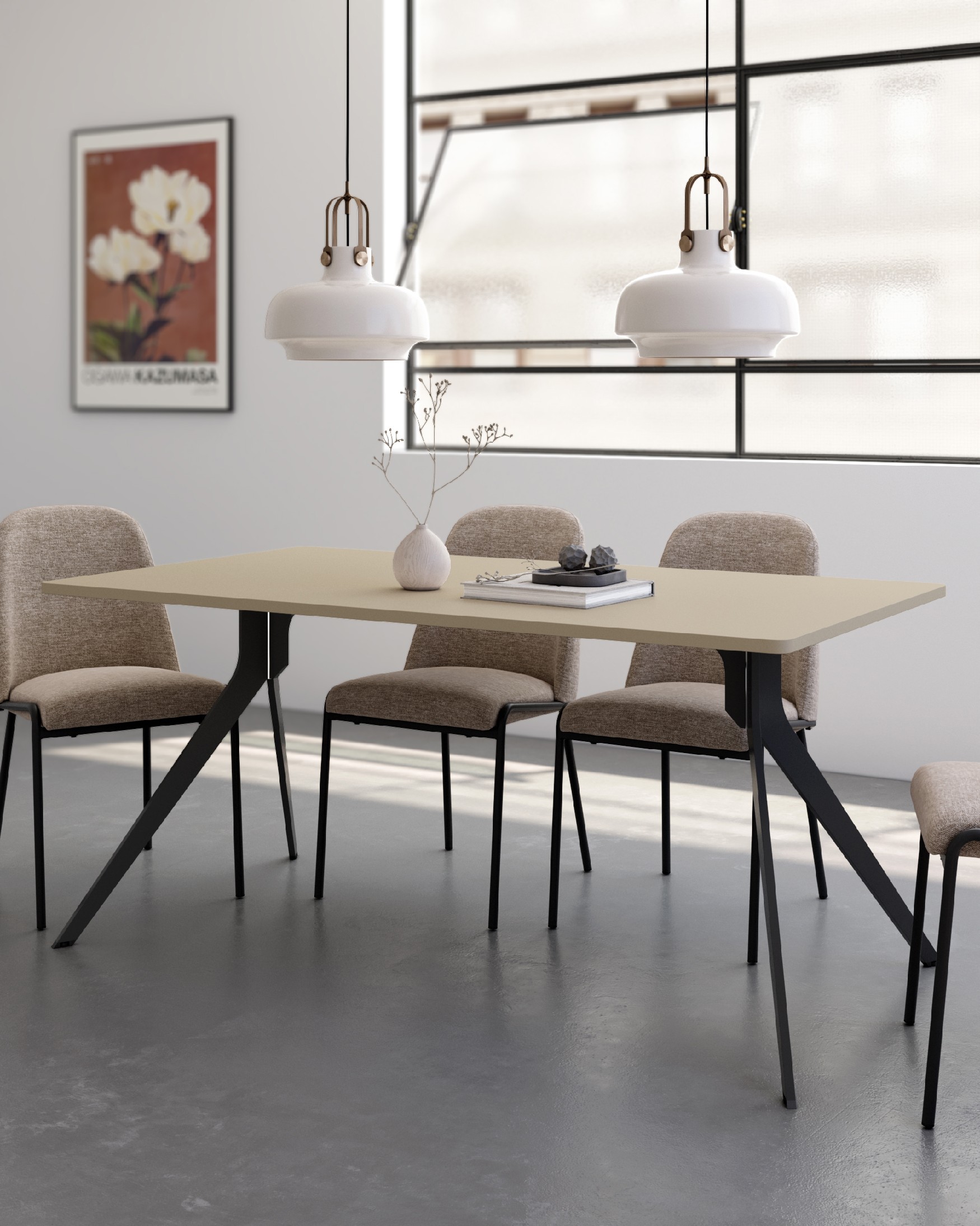 Iseo table with rounded edges, pearl melamine top, and black metal leg, 140 x 90 cm