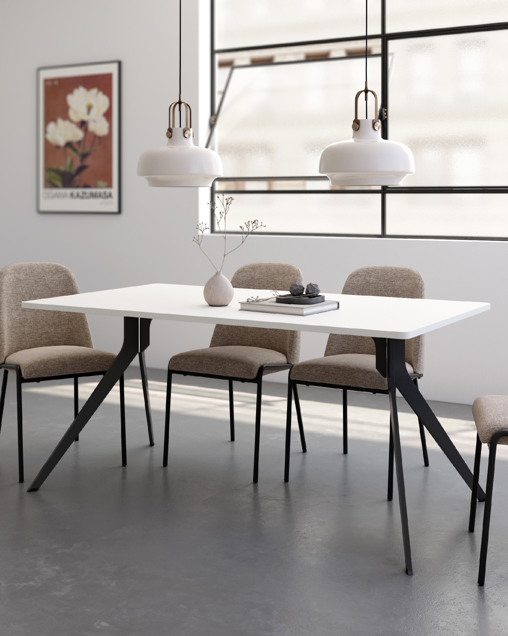 Iseo table with rounded edges, white soul melamine top, and black metal leg, 140 x 90 cm