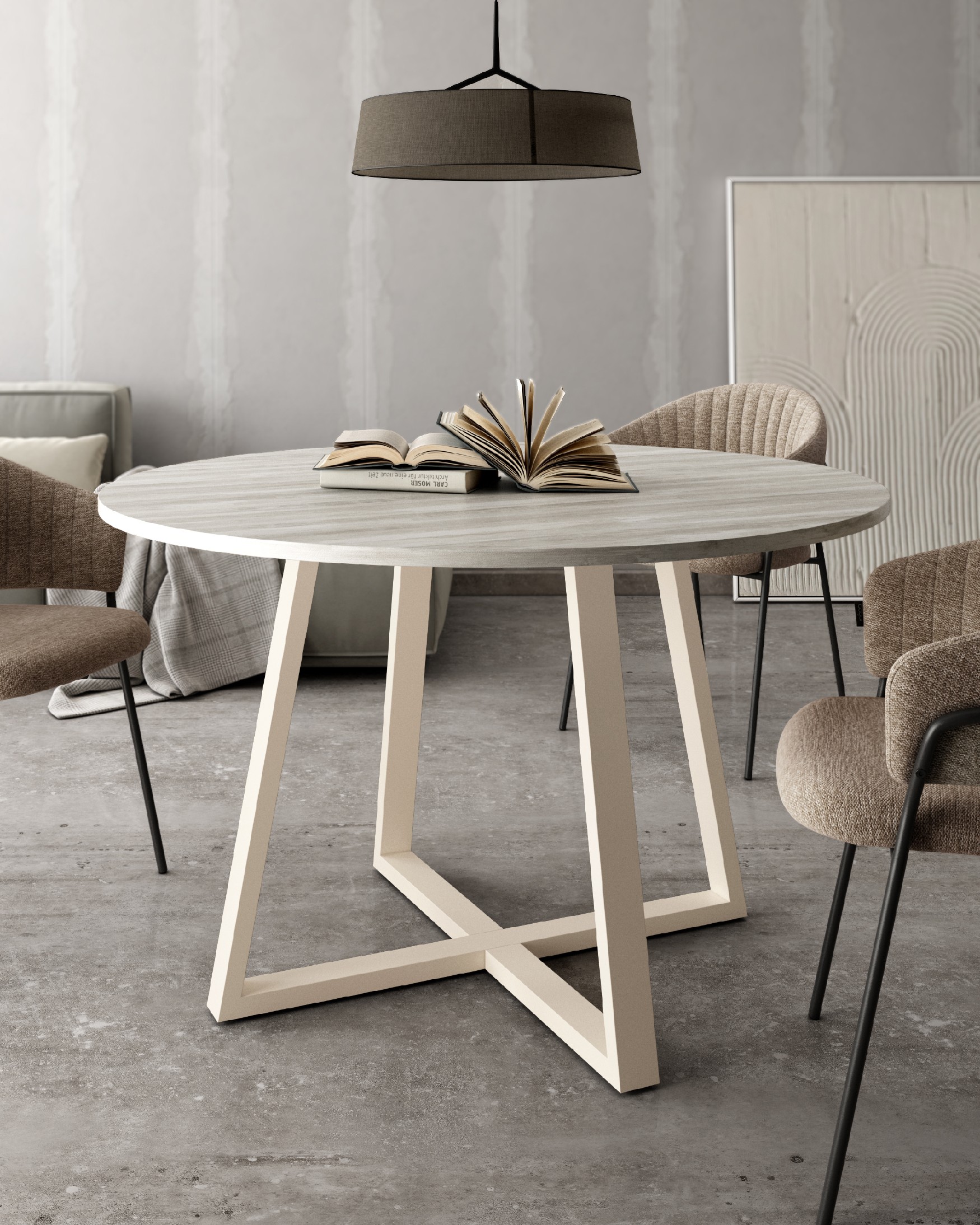 Lugano round table with artic melamine top and ivory metal leg Ø 100 cm