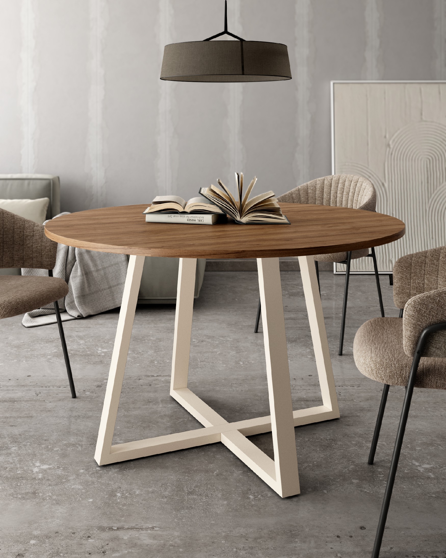 Table ronde Lugano avec plateau en mélamine java et pied métallique ivoire Ø 100 cm